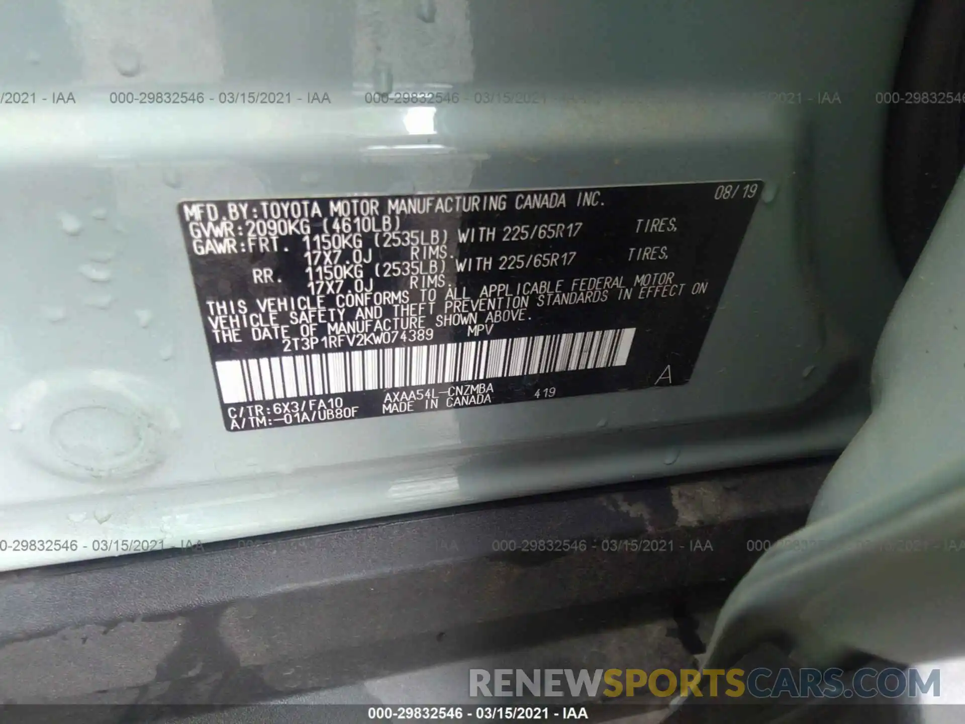 9 Фотография поврежденного автомобиля 2T3P1RFV2KW074389 TOYOTA RAV4 2019