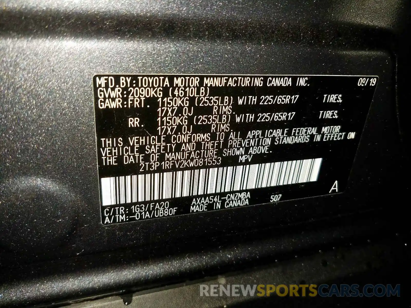 10 Фотография поврежденного автомобиля 2T3P1RFV2KW081553 TOYOTA RAV4 2019