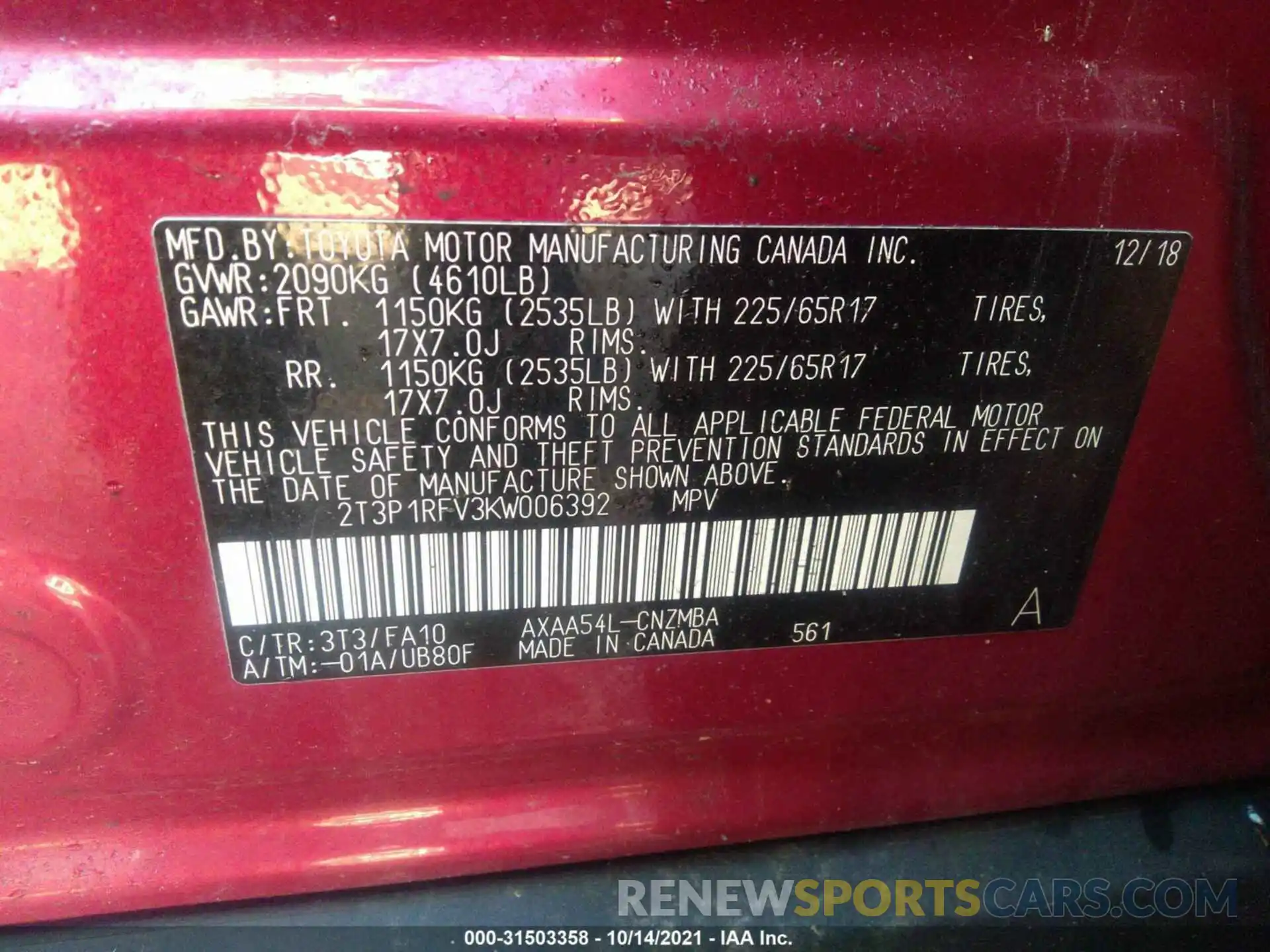 9 Photograph of a damaged car 2T3P1RFV3KW006392 TOYOTA RAV4 2019