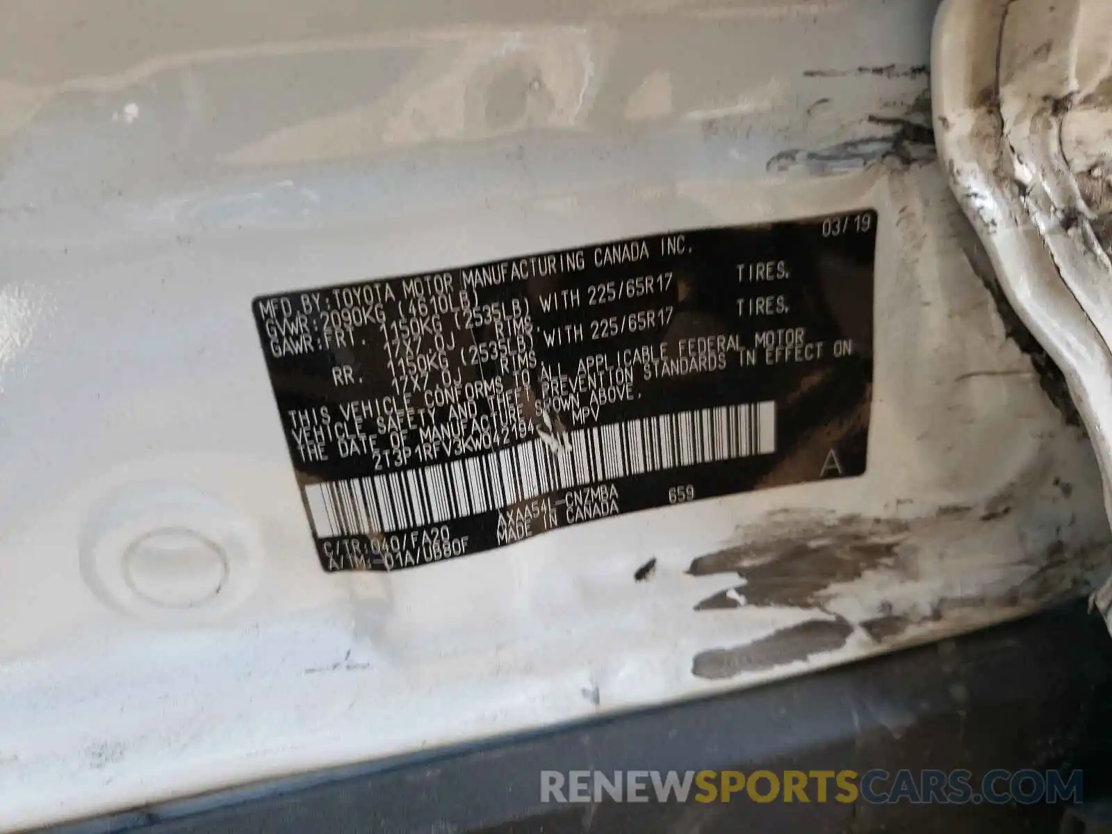 10 Photograph of a damaged car 2T3P1RFV3KW042194 TOYOTA RAV4 2019