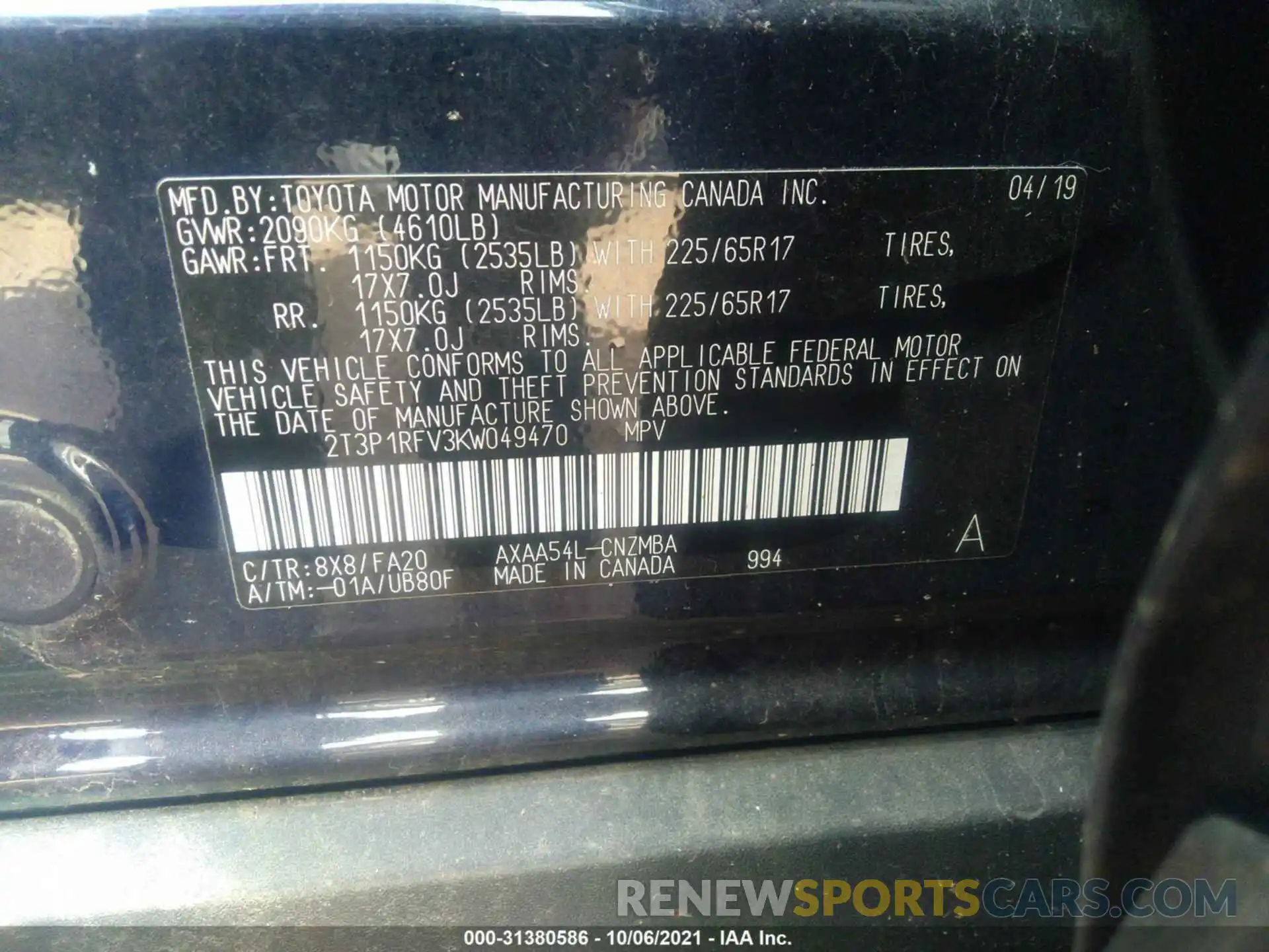 9 Фотография поврежденного автомобиля 2T3P1RFV3KW049470 TOYOTA RAV4 2019