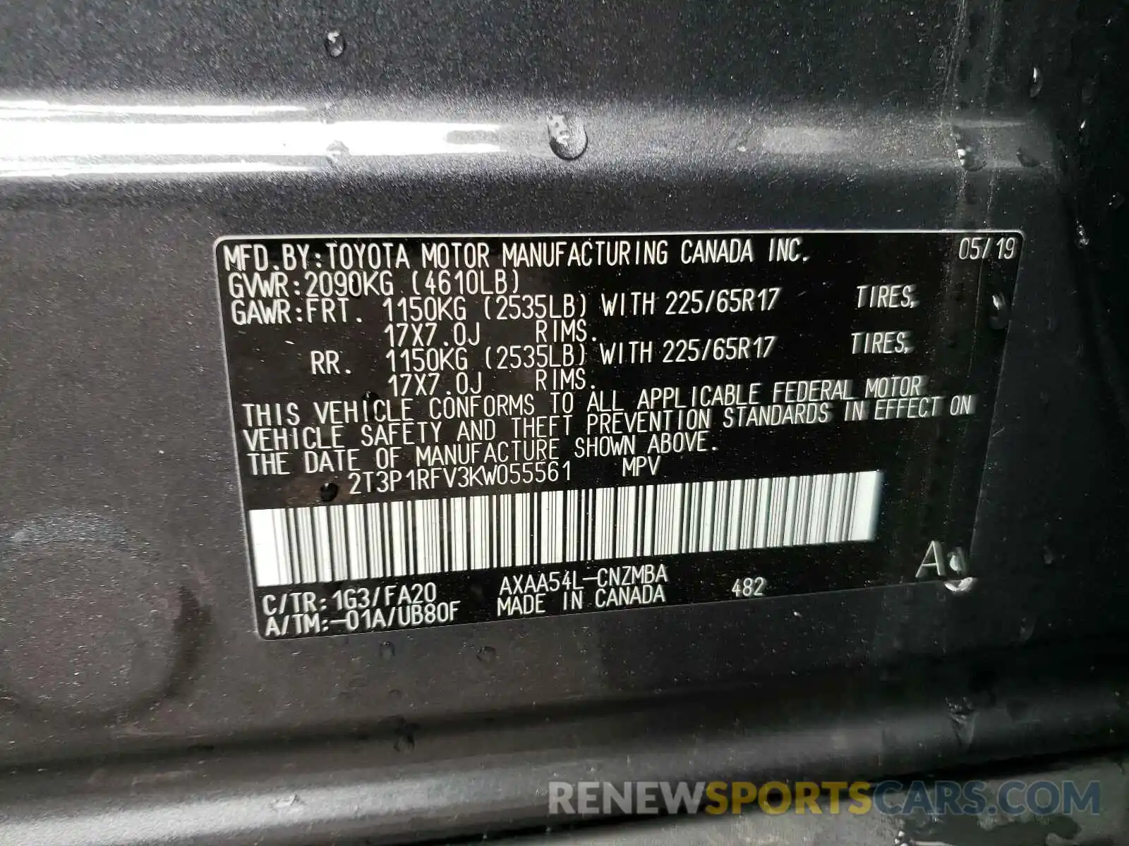 10 Photograph of a damaged car 2T3P1RFV3KW055561 TOYOTA RAV4 2019