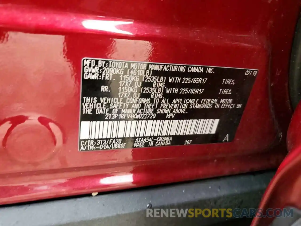 12 Photograph of a damaged car 2T3P1RFV4KW022729 TOYOTA RAV4 2019