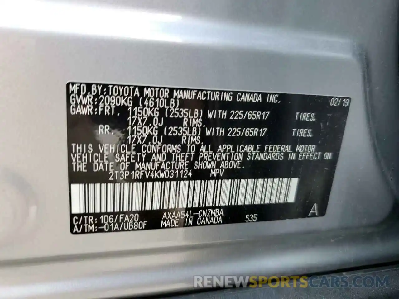 10 Photograph of a damaged car 2T3P1RFV4KW031124 TOYOTA RAV4 2019