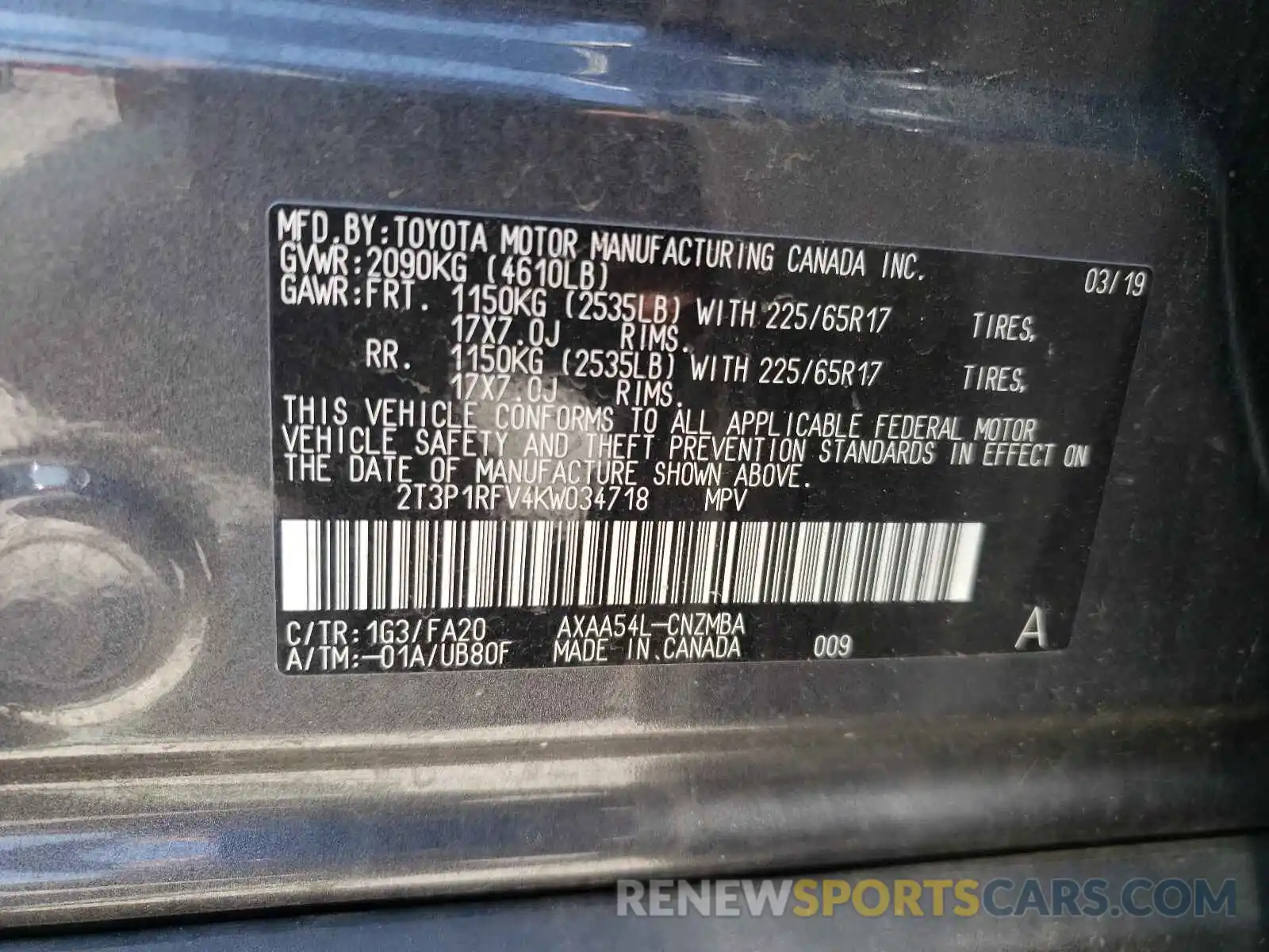 10 Photograph of a damaged car 2T3P1RFV4KW034718 TOYOTA RAV4 2019