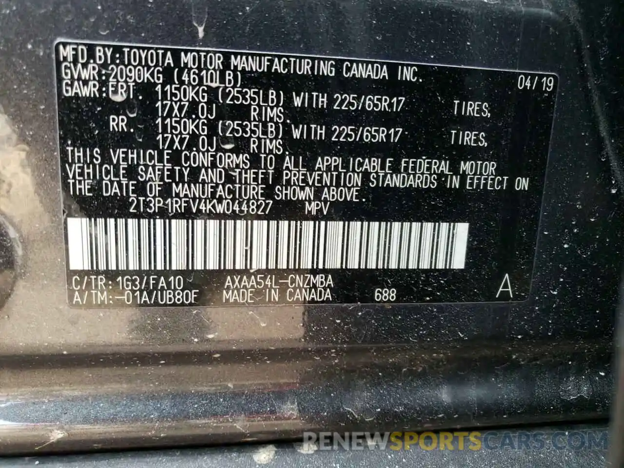 10 Photograph of a damaged car 2T3P1RFV4KW044827 TOYOTA RAV4 2019