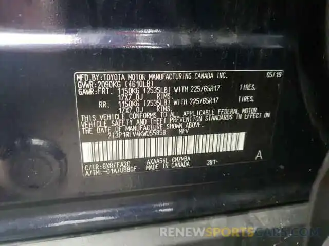 10 Photograph of a damaged car 2T3P1RFV4KW055858 TOYOTA RAV4 2019