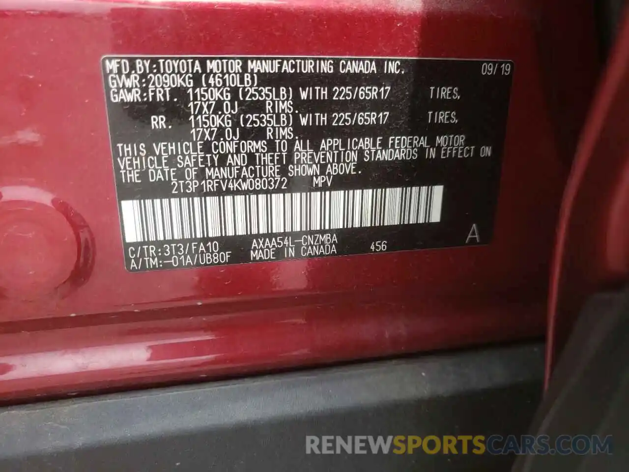 10 Photograph of a damaged car 2T3P1RFV4KW080372 TOYOTA RAV4 2019