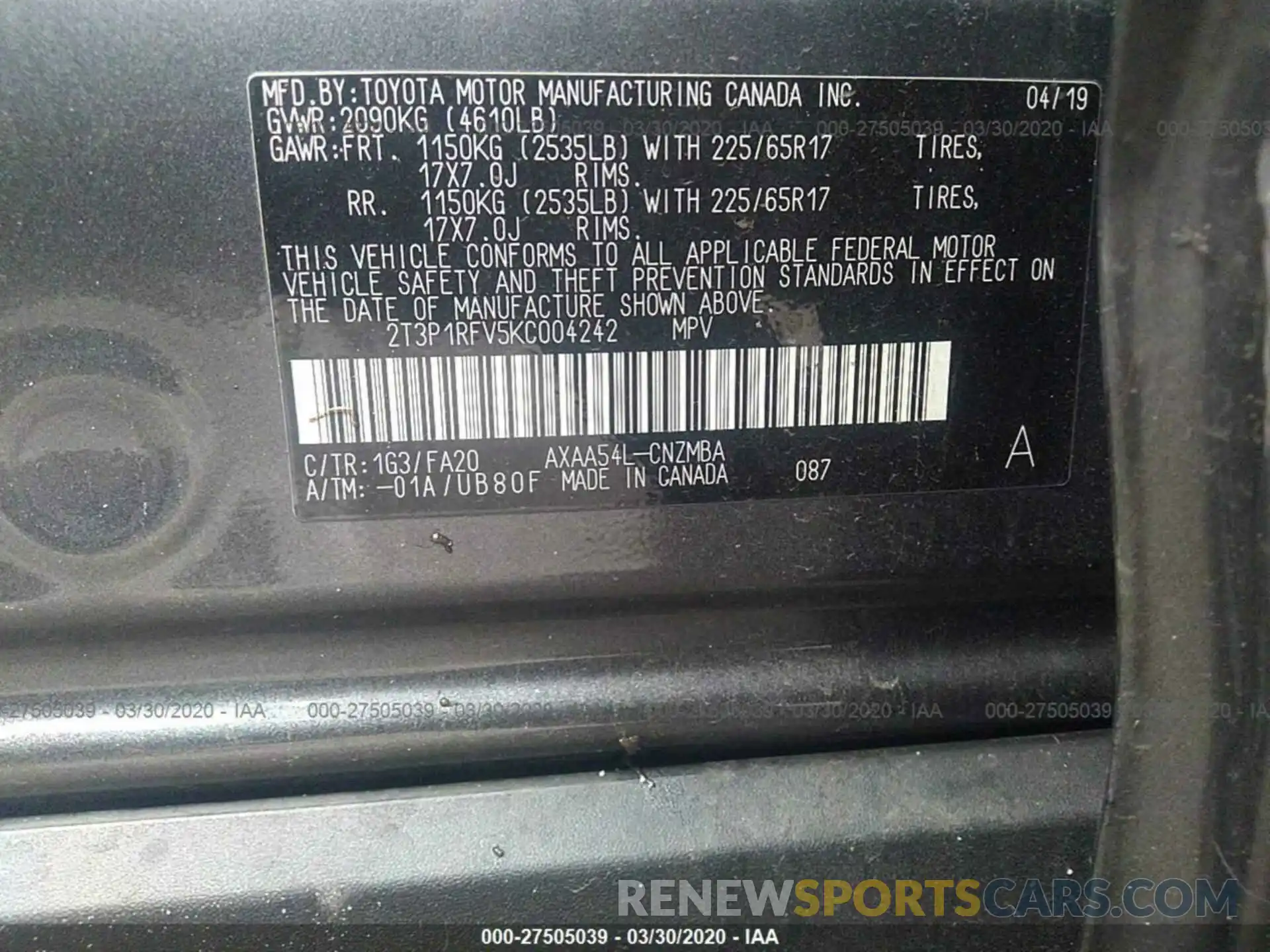 9 Фотография поврежденного автомобиля 2T3P1RFV5KC004242 TOYOTA RAV4 2019