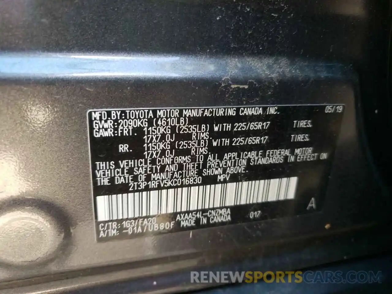 10 Photograph of a damaged car 2T3P1RFV5KC016830 TOYOTA RAV4 2019