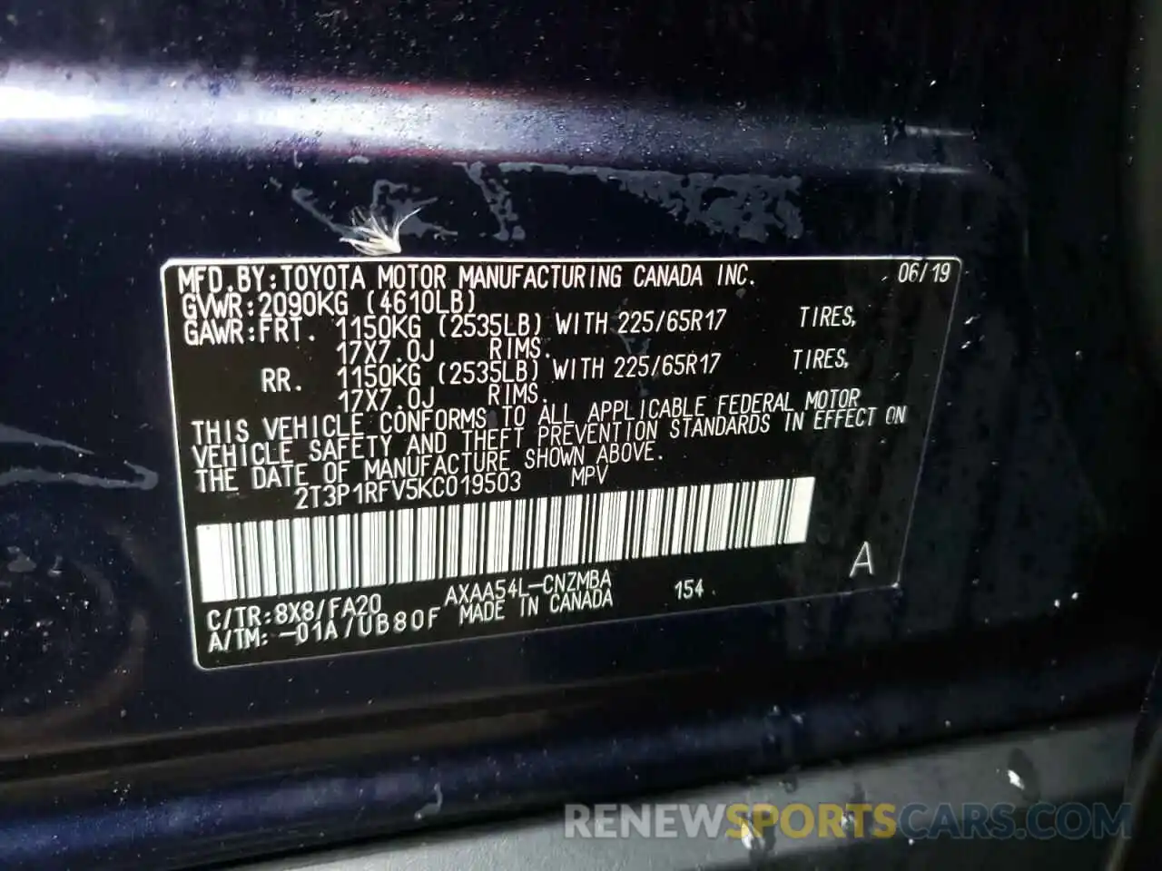 10 Photograph of a damaged car 2T3P1RFV5KC019503 TOYOTA RAV4 2019