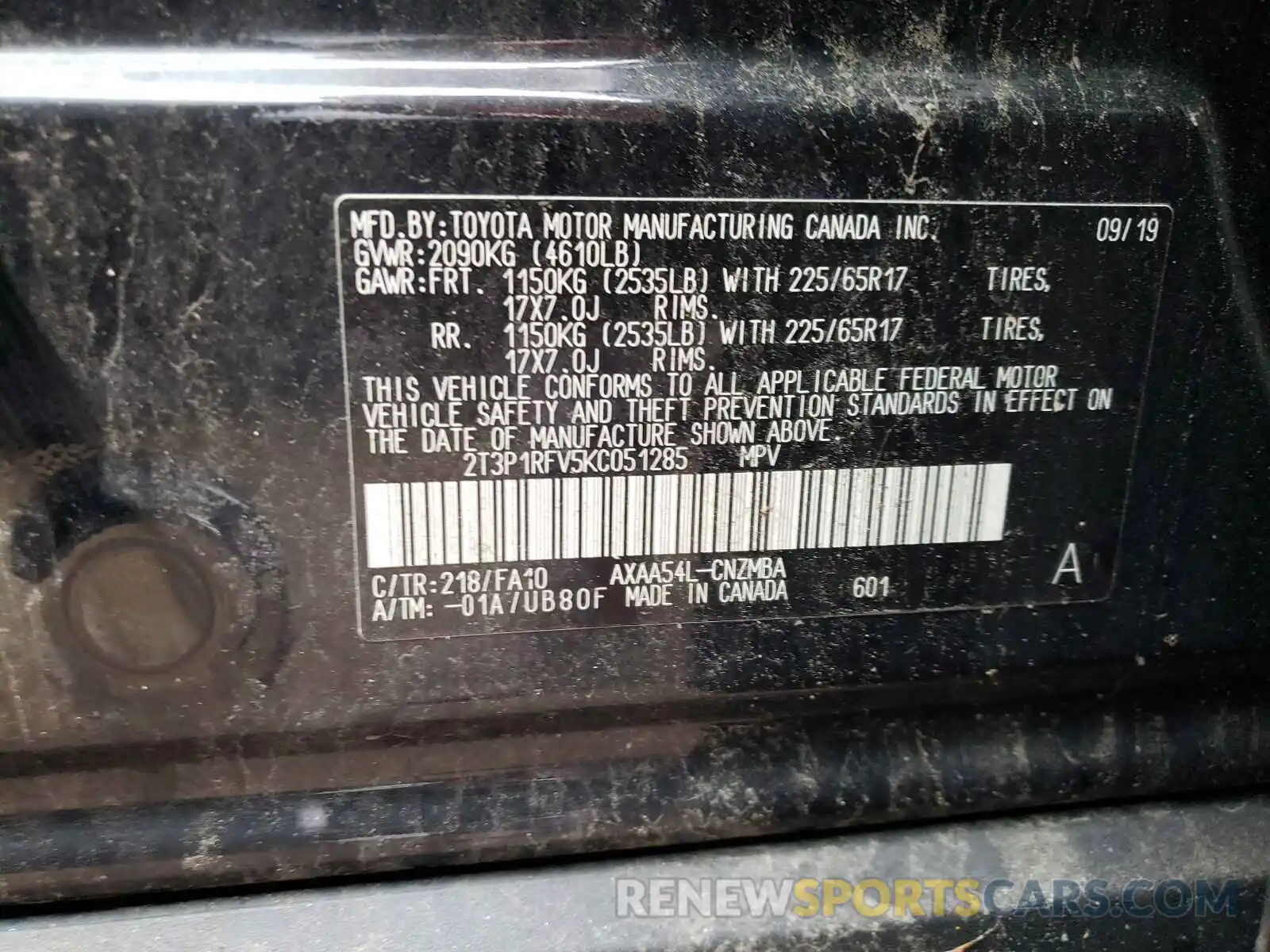 10 Фотография поврежденного автомобиля 2T3P1RFV5KC051285 TOYOTA RAV4 2019