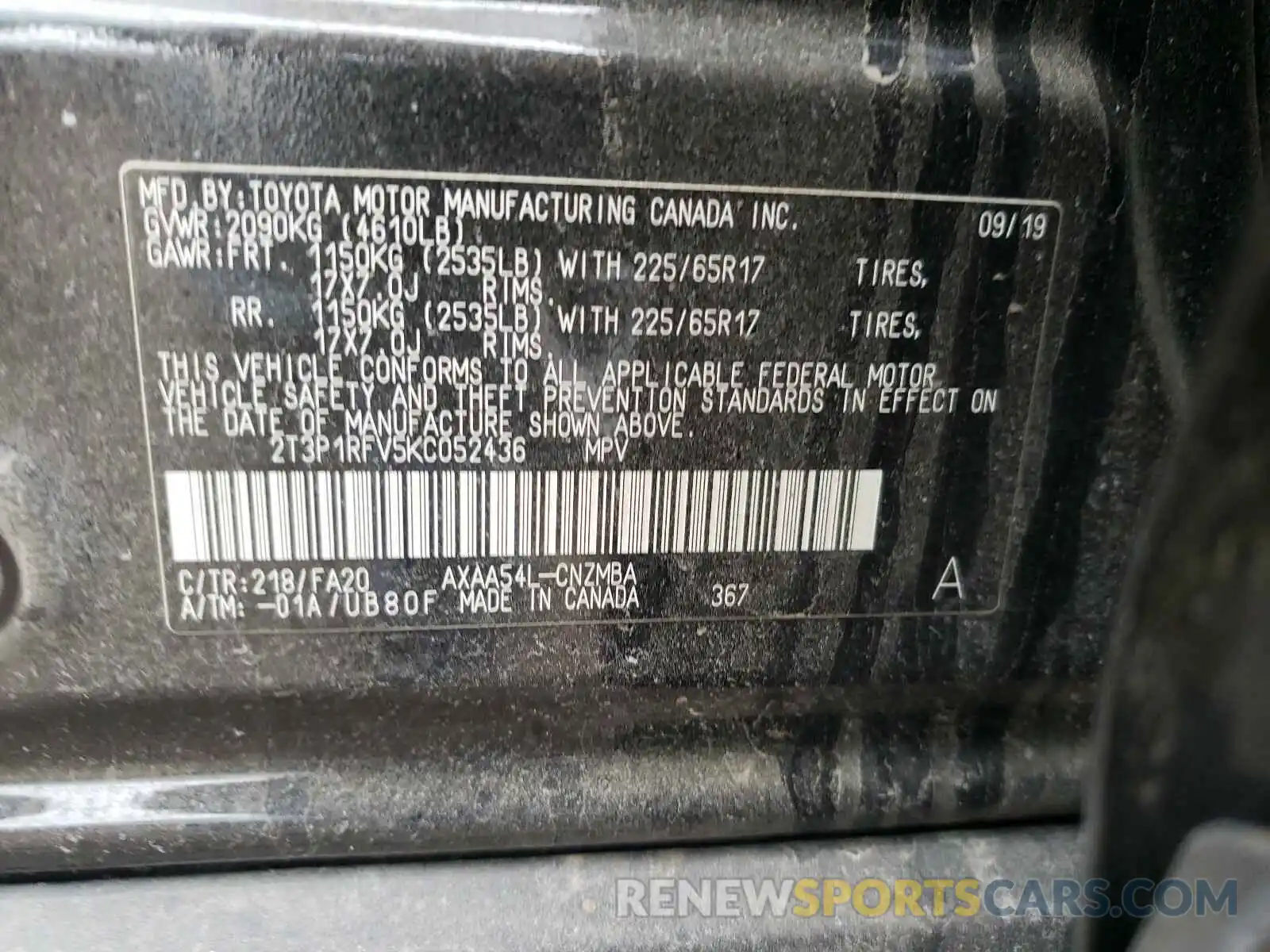 10 Фотография поврежденного автомобиля 2T3P1RFV5KC052436 TOYOTA RAV4 2019