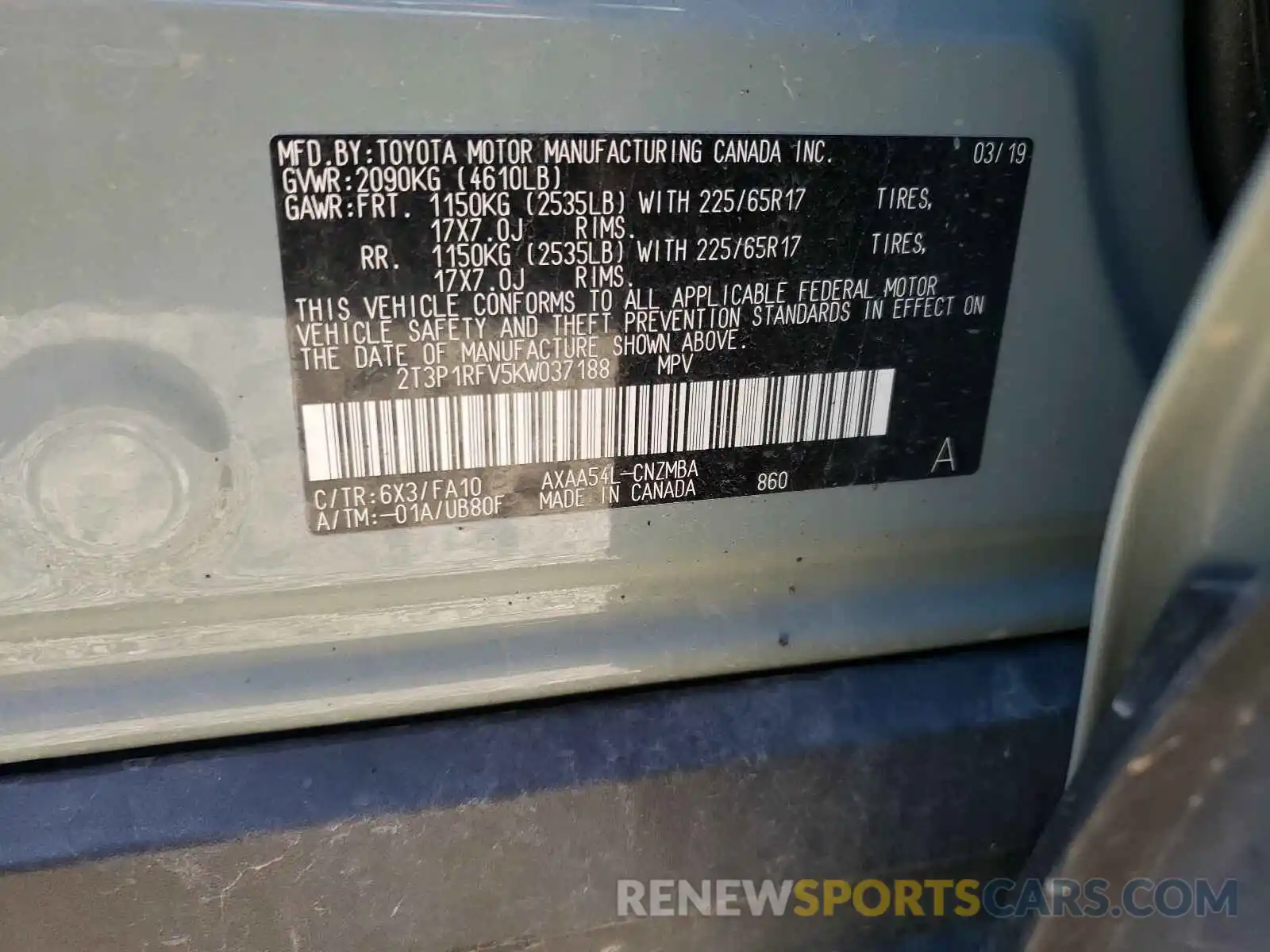 10 Photograph of a damaged car 2T3P1RFV5KW037188 TOYOTA RAV4 2019