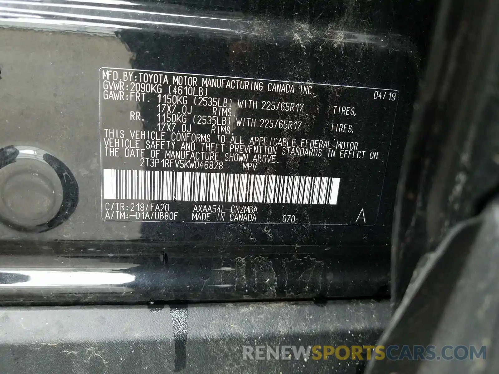 10 Photograph of a damaged car 2T3P1RFV5KW046828 TOYOTA RAV4 2019