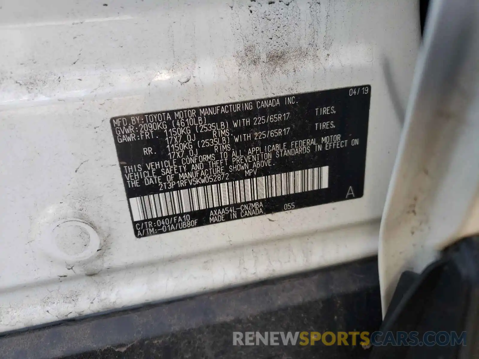 10 Photograph of a damaged car 2T3P1RFV5KW052872 TOYOTA RAV4 2019