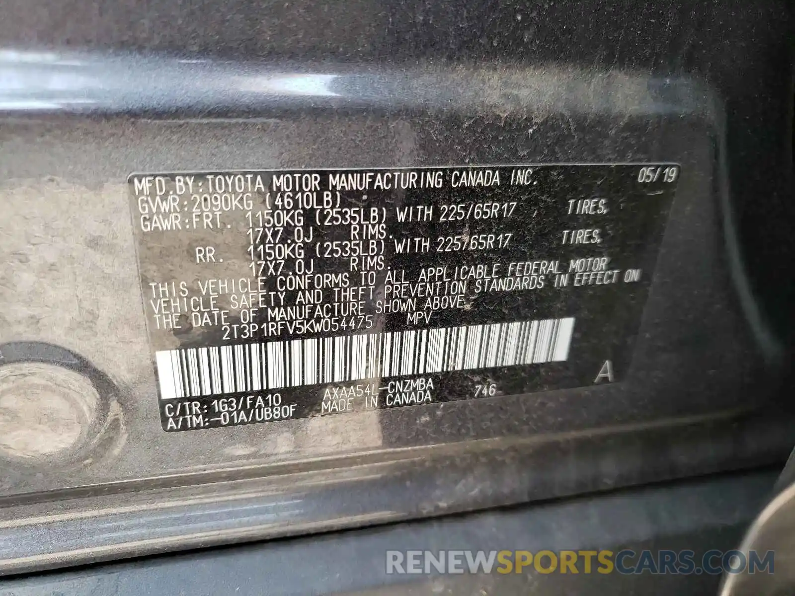 10 Photograph of a damaged car 2T3P1RFV5KW054475 TOYOTA RAV4 2019