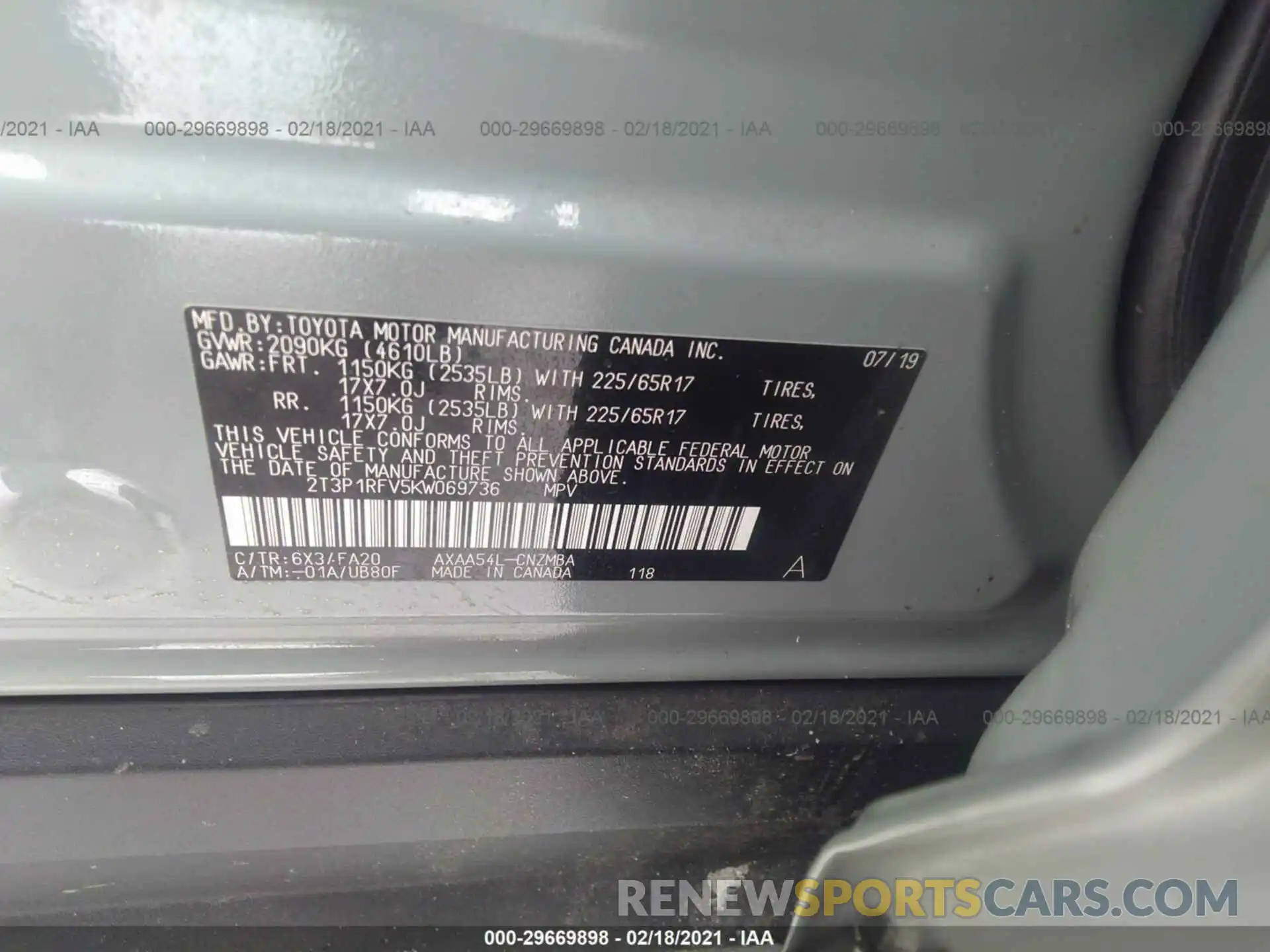 9 Photograph of a damaged car 2T3P1RFV5KW069736 TOYOTA RAV4 2019