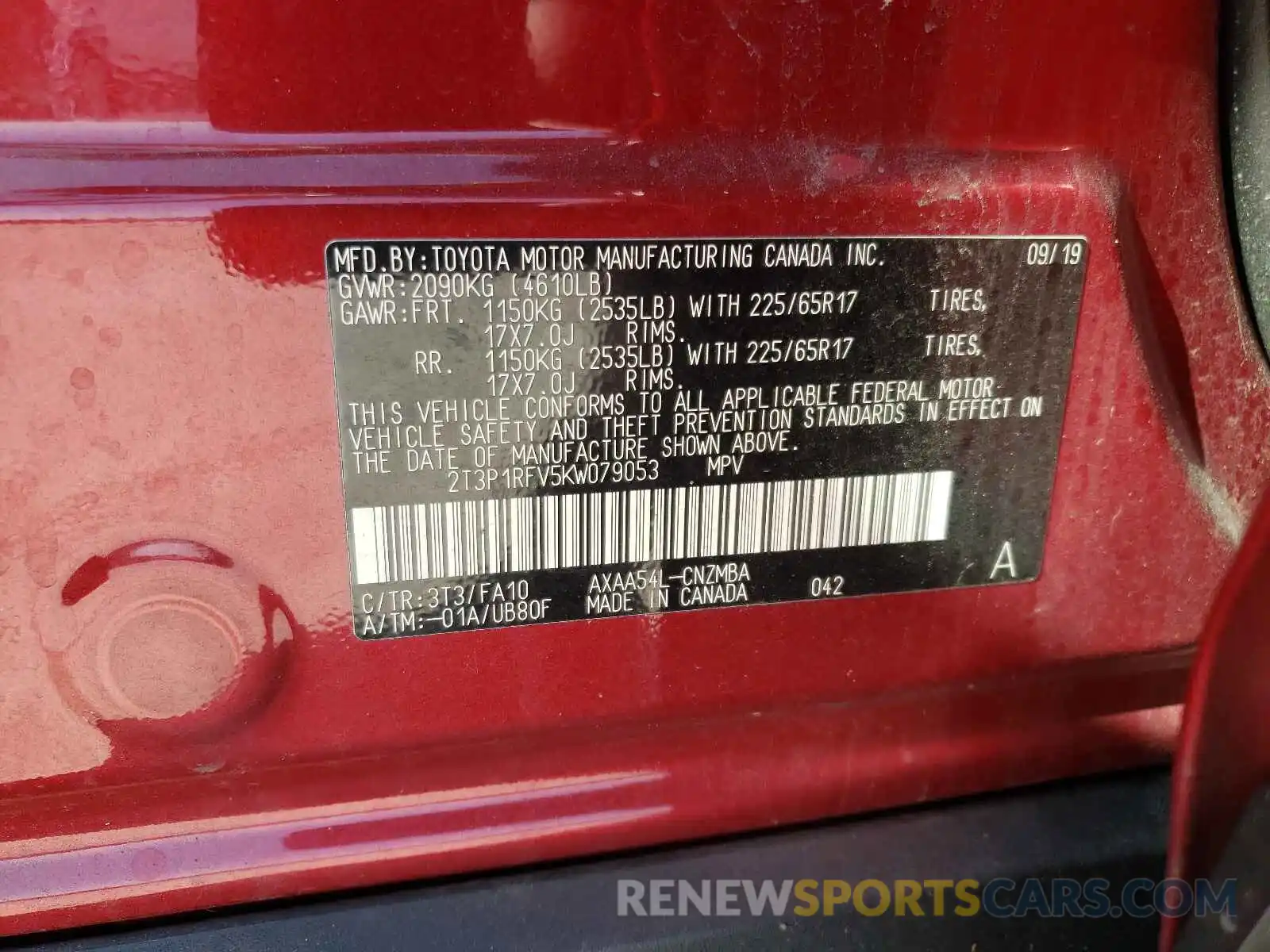 10 Photograph of a damaged car 2T3P1RFV5KW079053 TOYOTA RAV4 2019