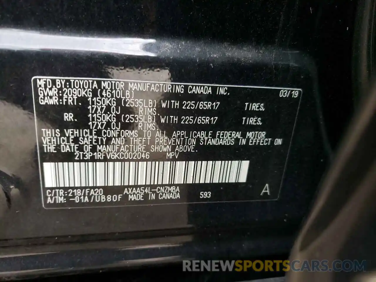 10 Photograph of a damaged car 2T3P1RFV6KC002046 TOYOTA RAV4 2019