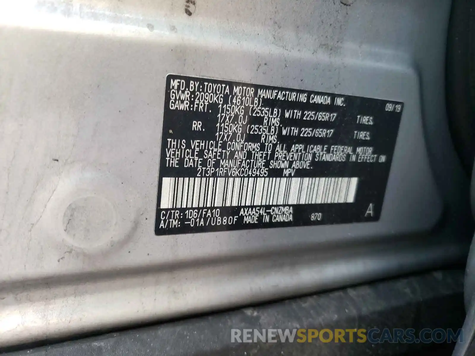 10 Photograph of a damaged car 2T3P1RFV6KC049495 TOYOTA RAV4 2019