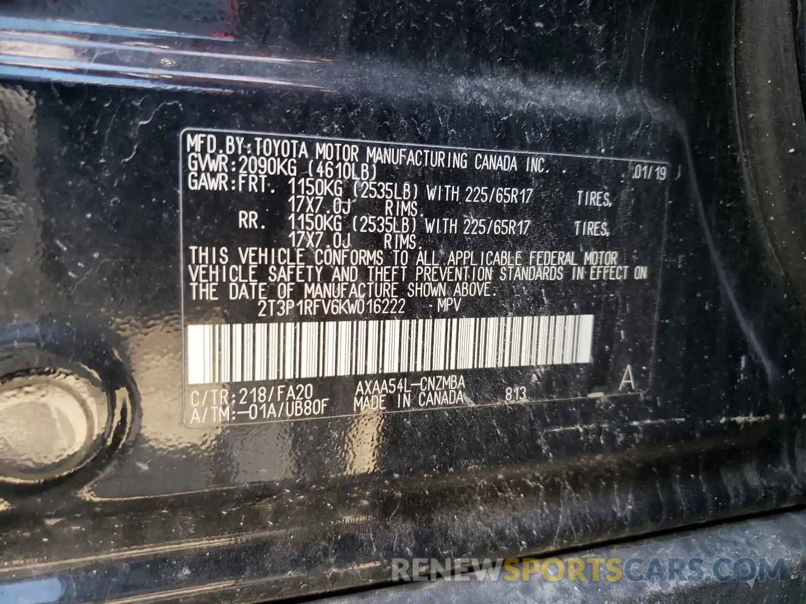 10 Photograph of a damaged car 2T3P1RFV6KW016222 TOYOTA RAV4 2019