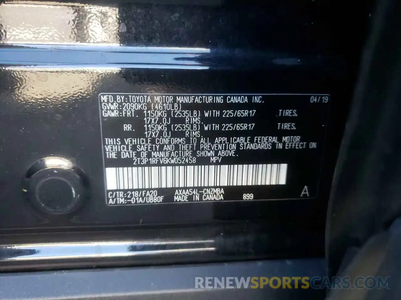 10 Photograph of a damaged car 2T3P1RFV6KW052458 TOYOTA RAV4 2019