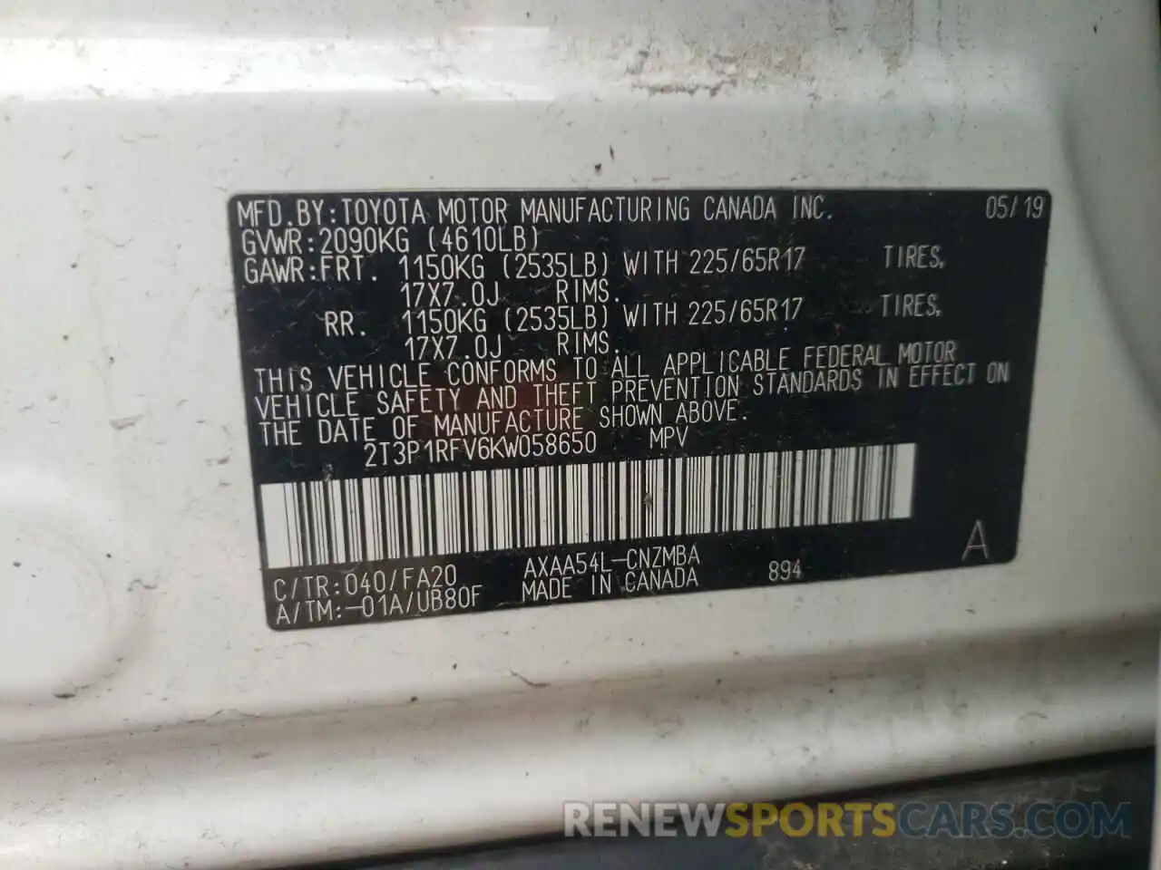 10 Photograph of a damaged car 2T3P1RFV6KW058650 TOYOTA RAV4 2019