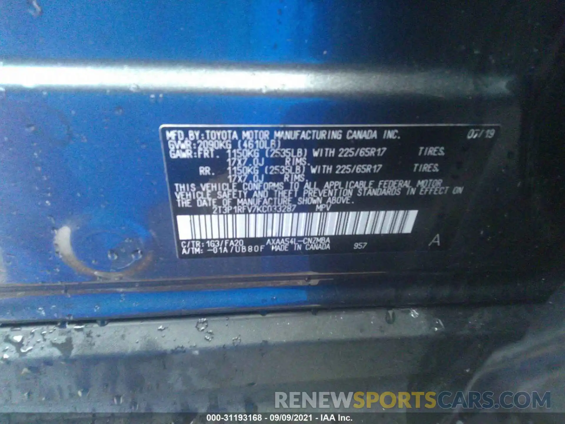 9 Photograph of a damaged car 2T3P1RFV7KC033287 TOYOTA RAV4 2019