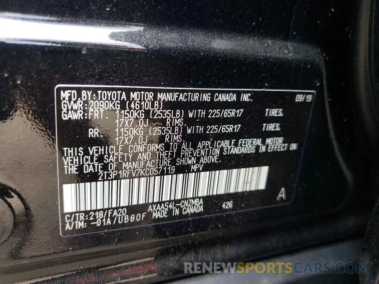 10 Photograph of a damaged car 2T3P1RFV7KC057119 TOYOTA RAV4 2019