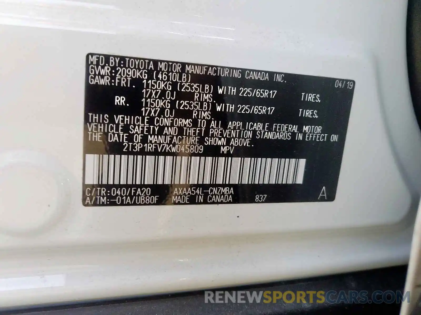 10 Photograph of a damaged car 2T3P1RFV7KW045809 TOYOTA RAV4 2019