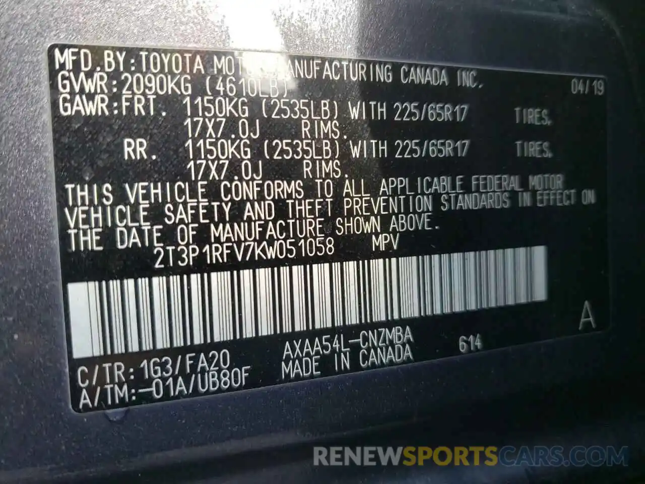 10 Photograph of a damaged car 2T3P1RFV7KW051058 TOYOTA RAV4 2019