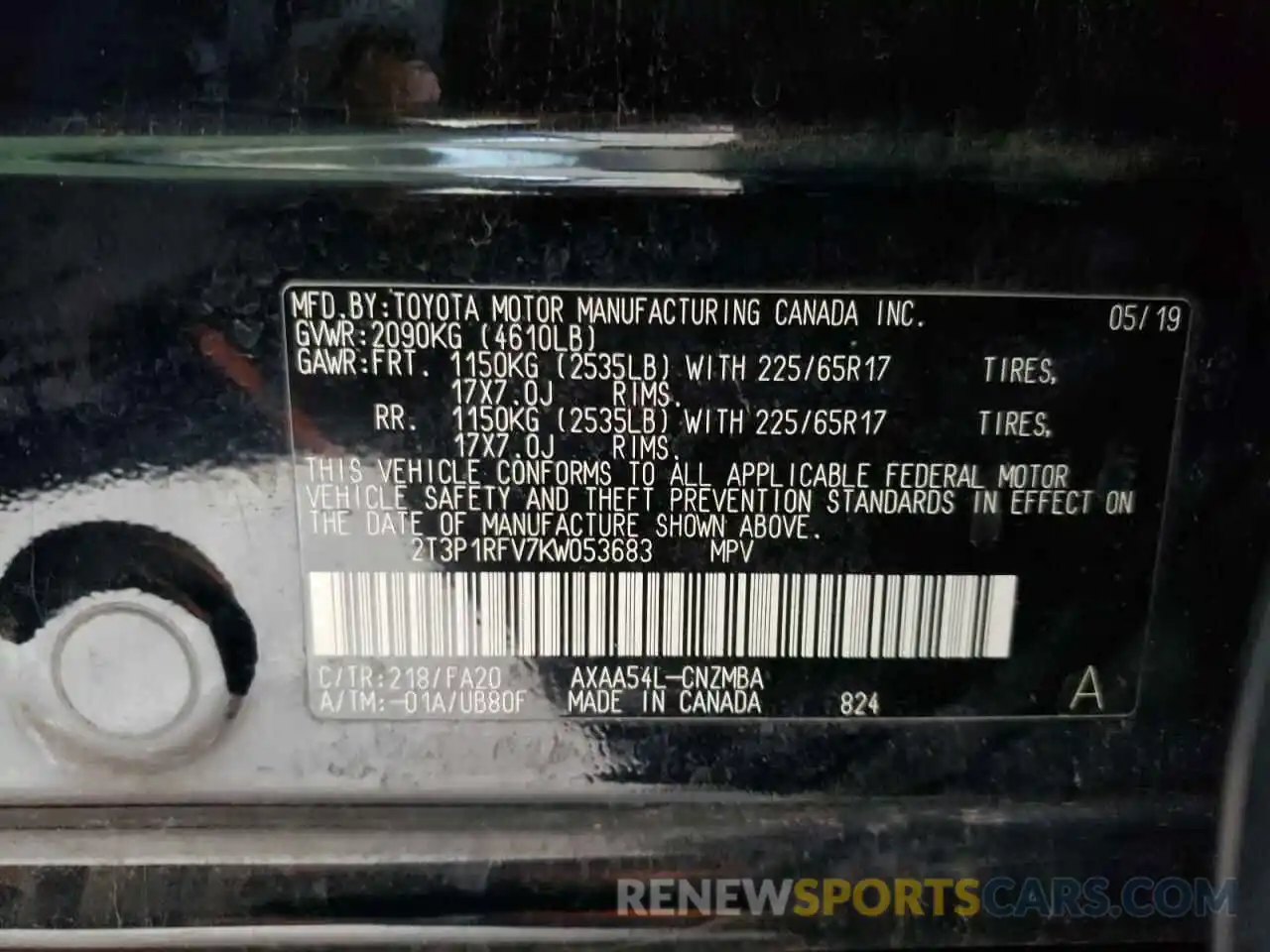 10 Photograph of a damaged car 2T3P1RFV7KW053683 TOYOTA RAV4 2019