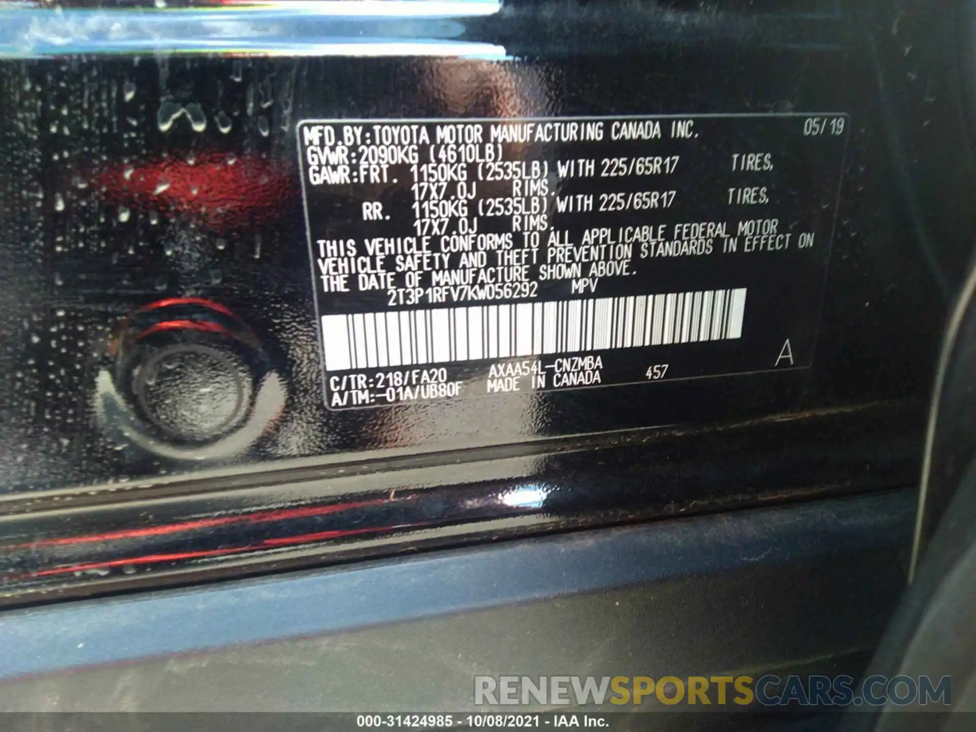 9 Photograph of a damaged car 2T3P1RFV7KW056292 TOYOTA RAV4 2019