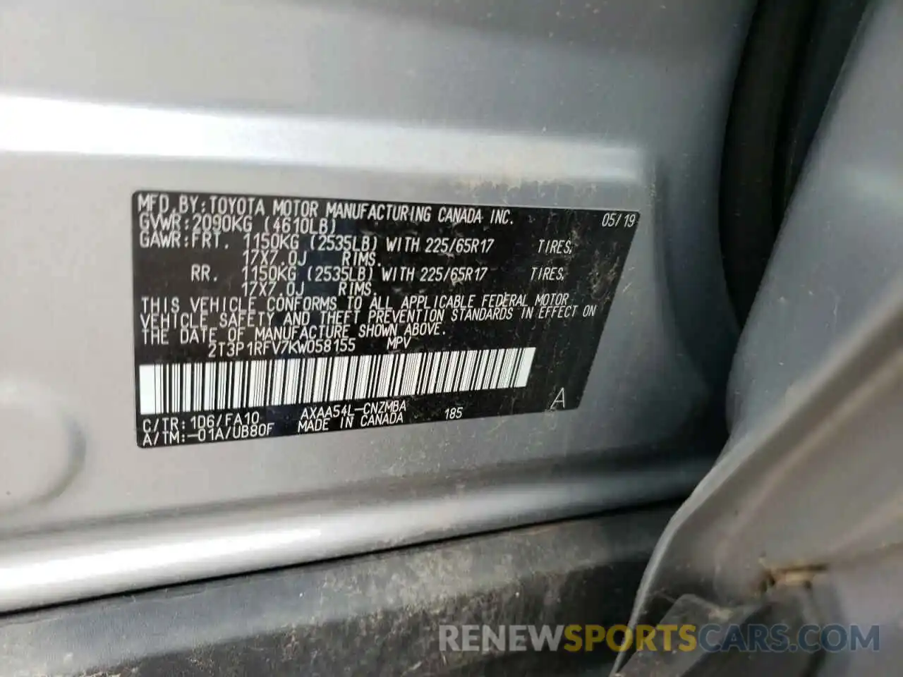 10 Photograph of a damaged car 2T3P1RFV7KW058155 TOYOTA RAV4 2019