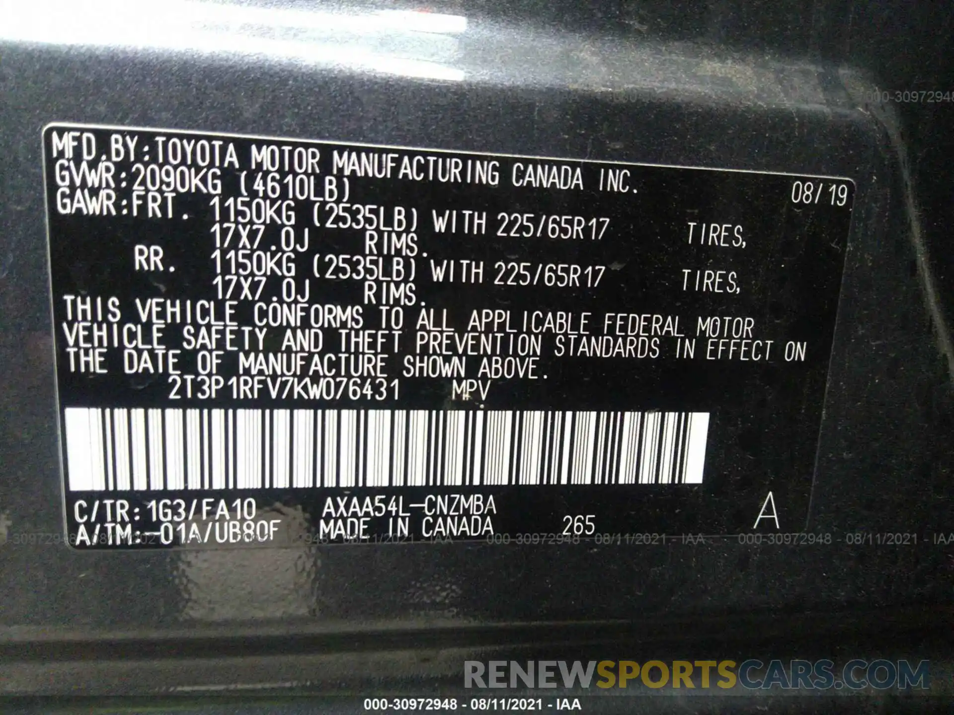 9 Фотография поврежденного автомобиля 2T3P1RFV7KW076431 TOYOTA RAV4 2019