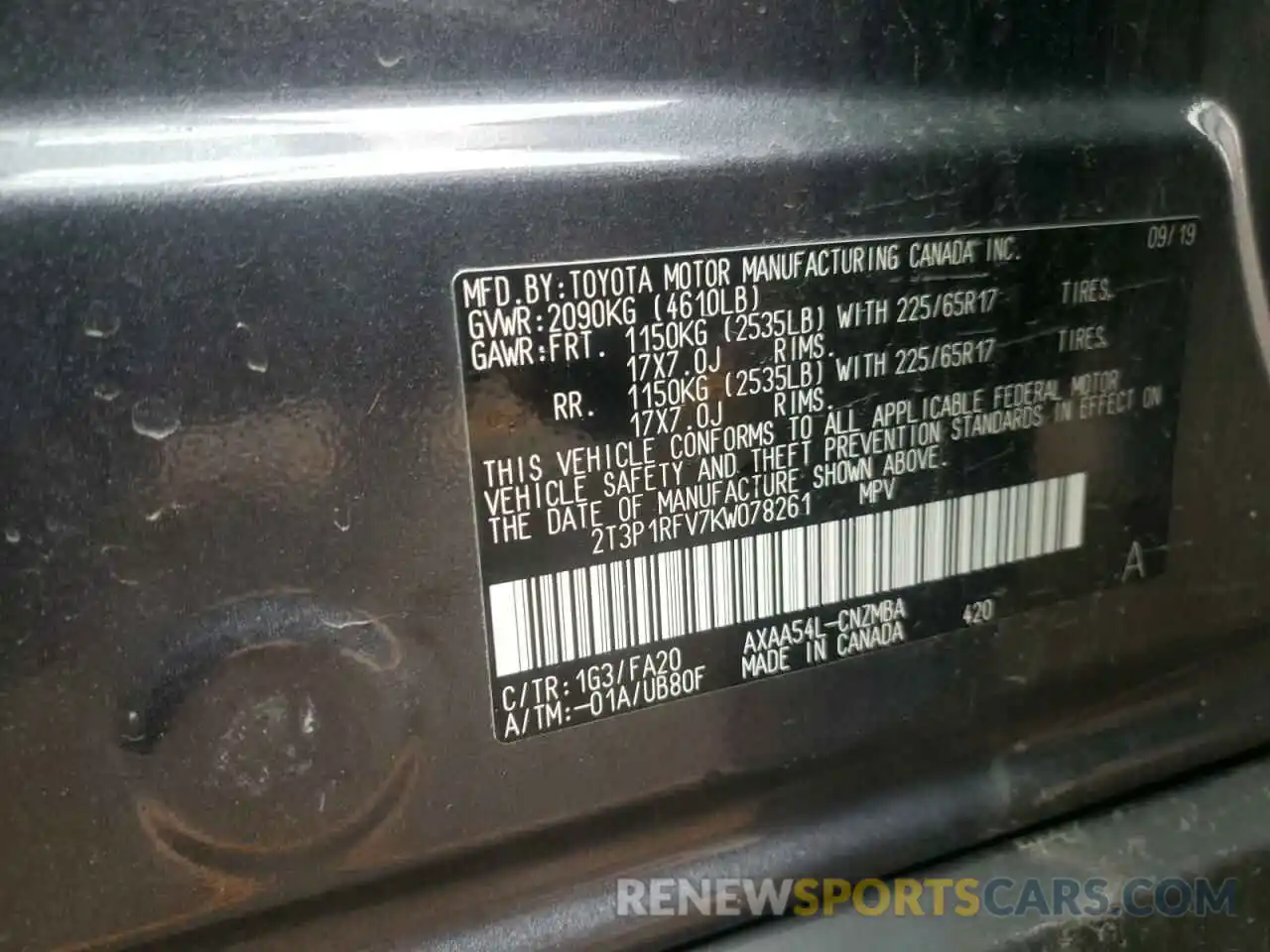 10 Photograph of a damaged car 2T3P1RFV7KW078261 TOYOTA RAV4 2019