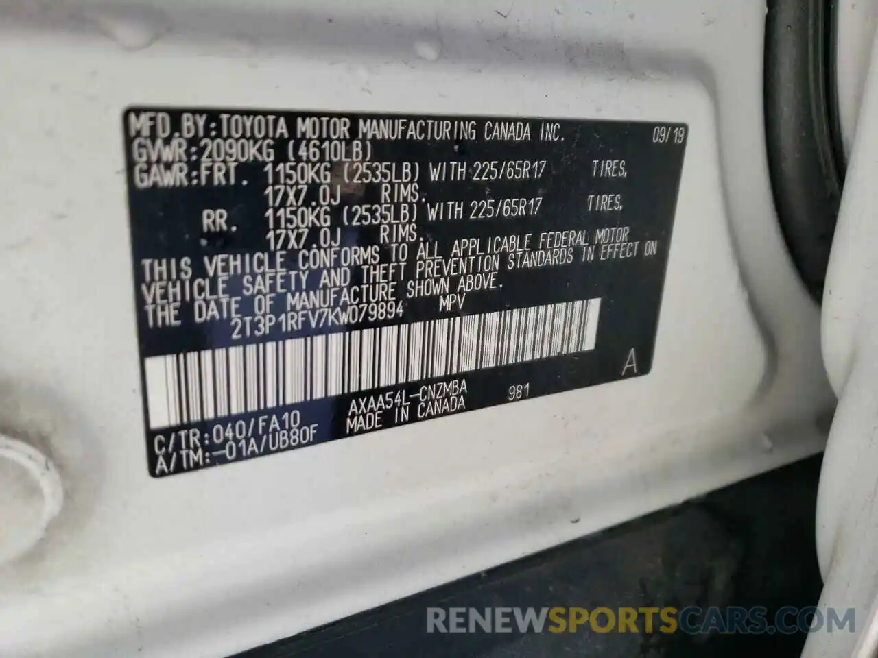 10 Photograph of a damaged car 2T3P1RFV7KW079894 TOYOTA RAV4 2019