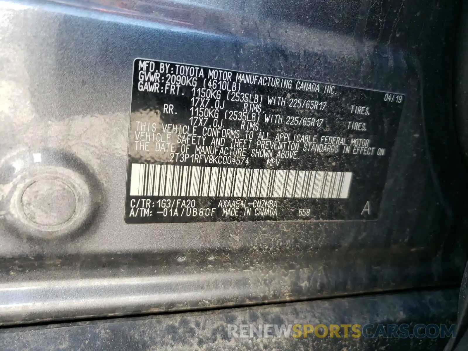 10 Photograph of a damaged car 2T3P1RFV8KC004574 TOYOTA RAV4 2019