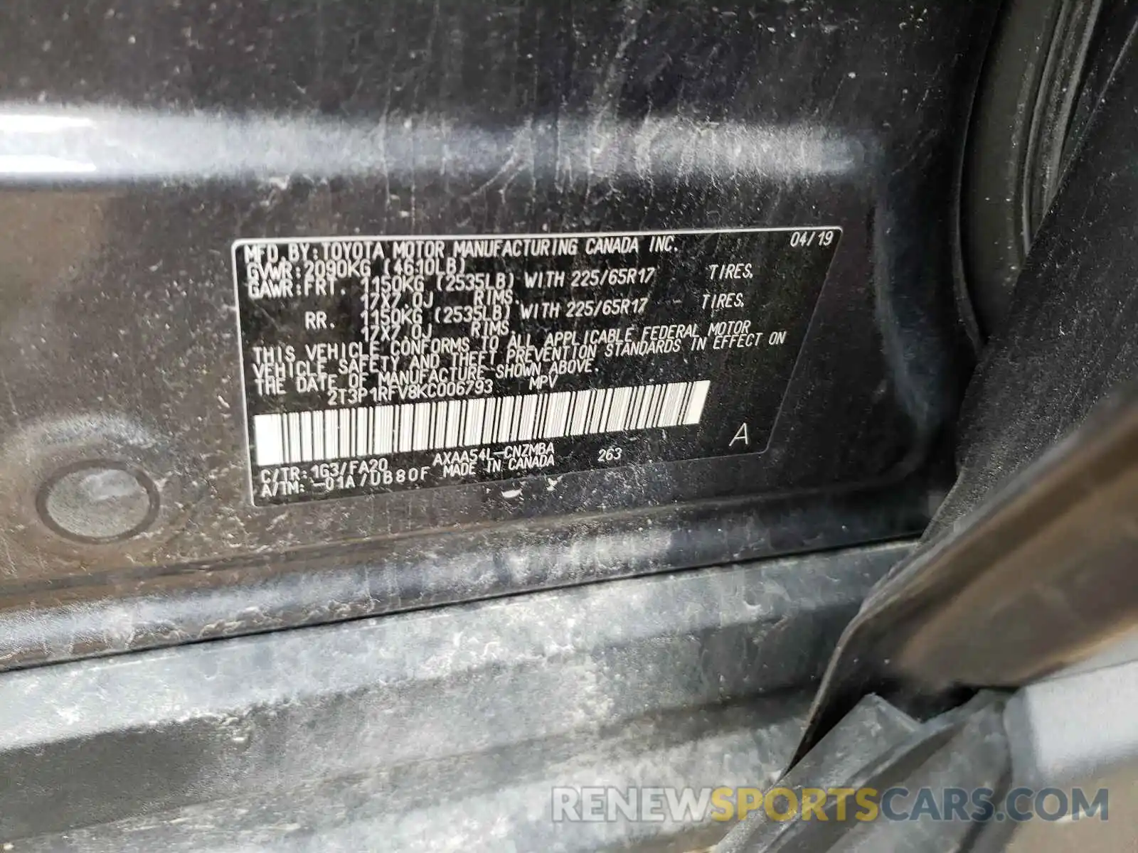 10 Photograph of a damaged car 2T3P1RFV8KC006793 TOYOTA RAV4 2019