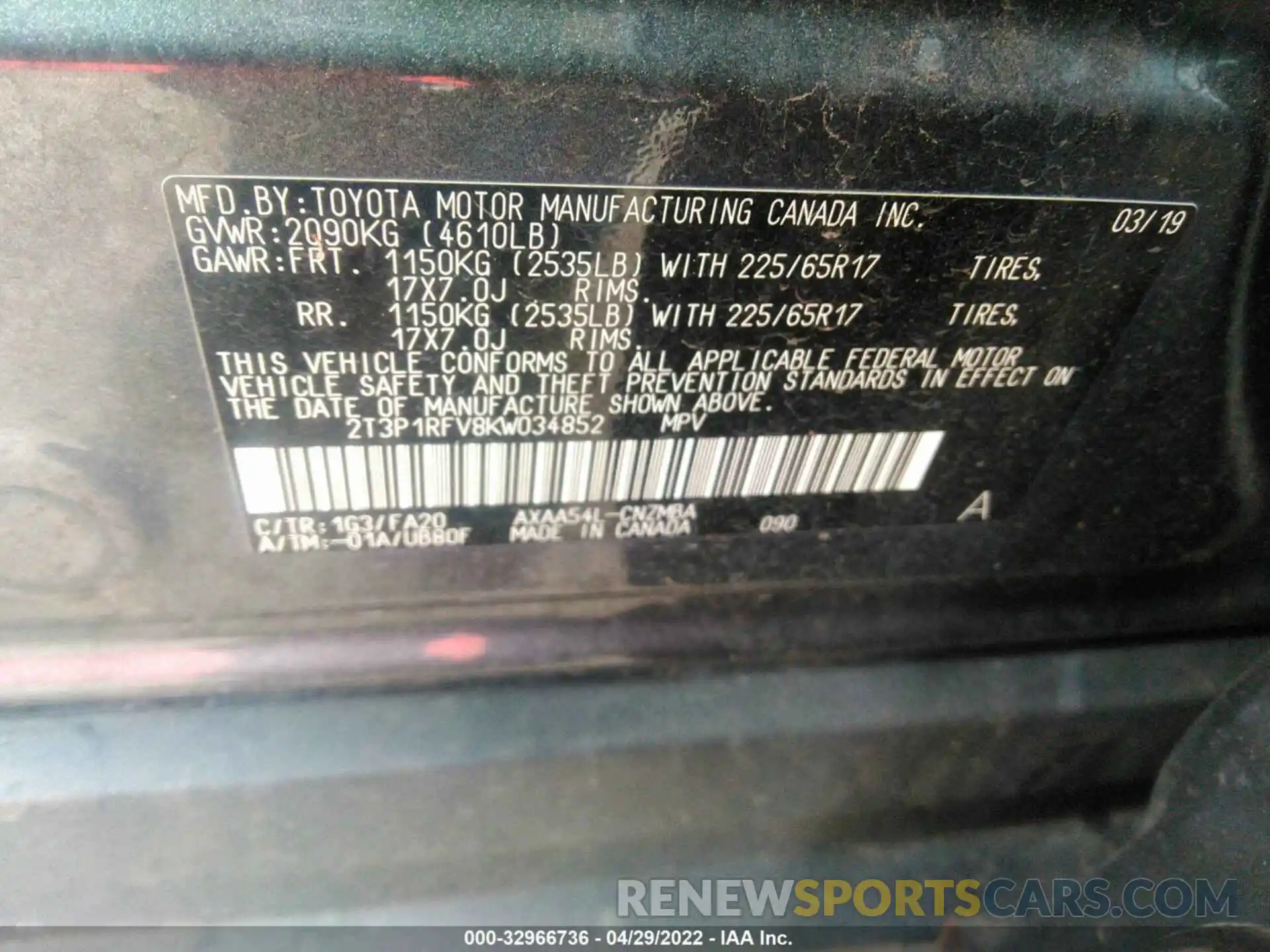 9 Photograph of a damaged car 2T3P1RFV8KW034852 TOYOTA RAV4 2019