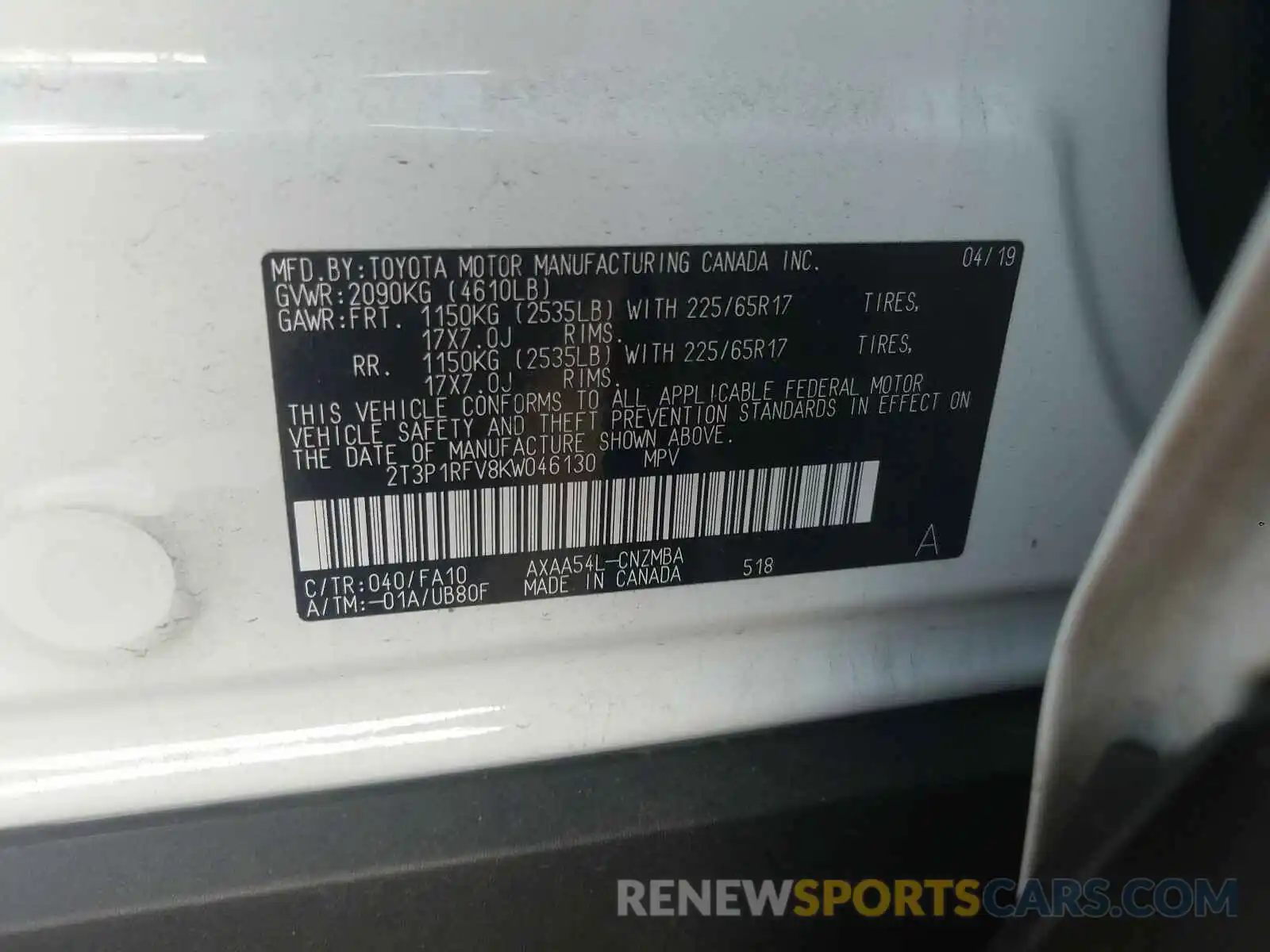 10 Photograph of a damaged car 2T3P1RFV8KW046130 TOYOTA RAV4 2019