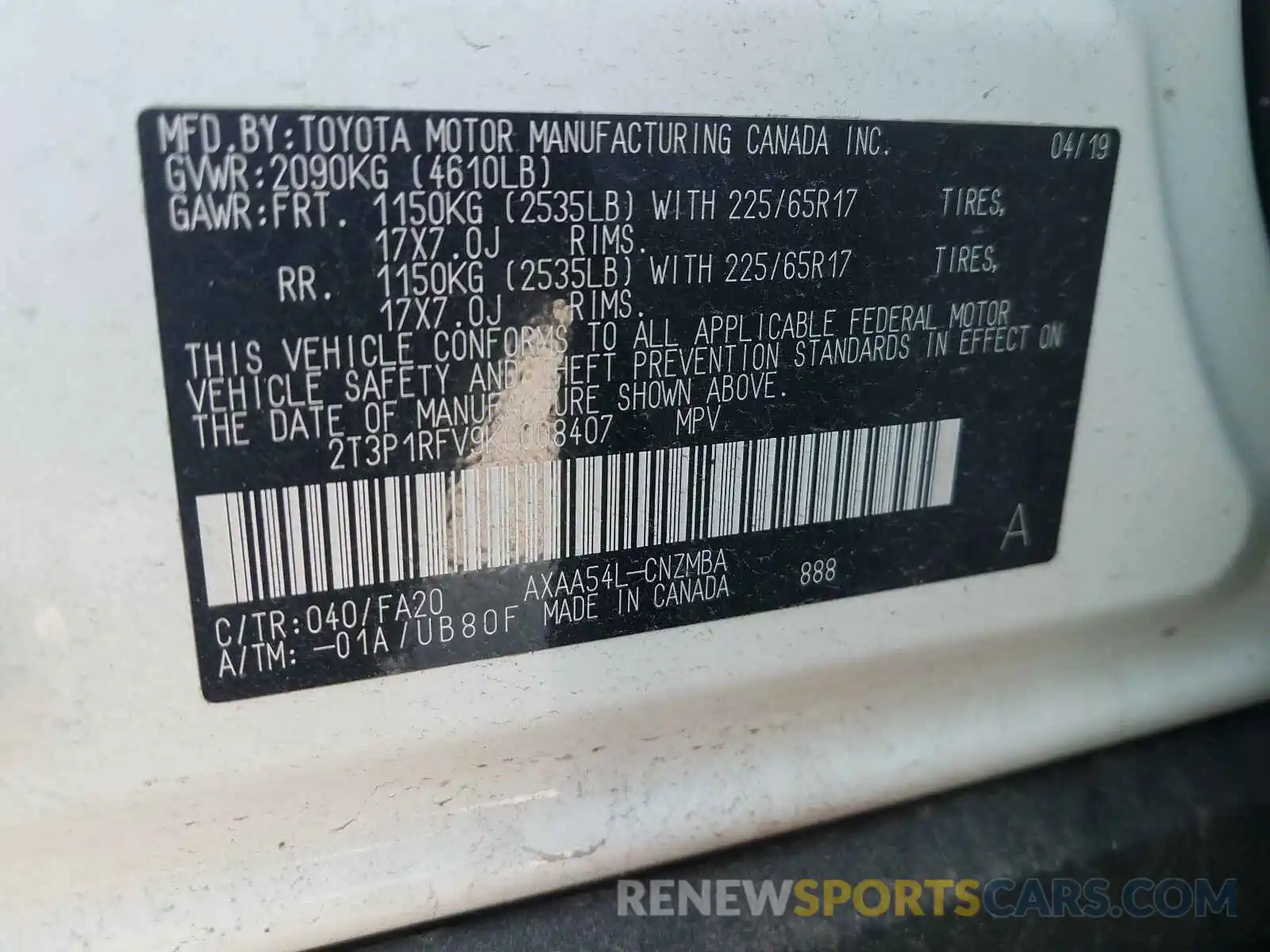 10 Photograph of a damaged car 2T3P1RFV9KC008407 TOYOTA RAV4 2019