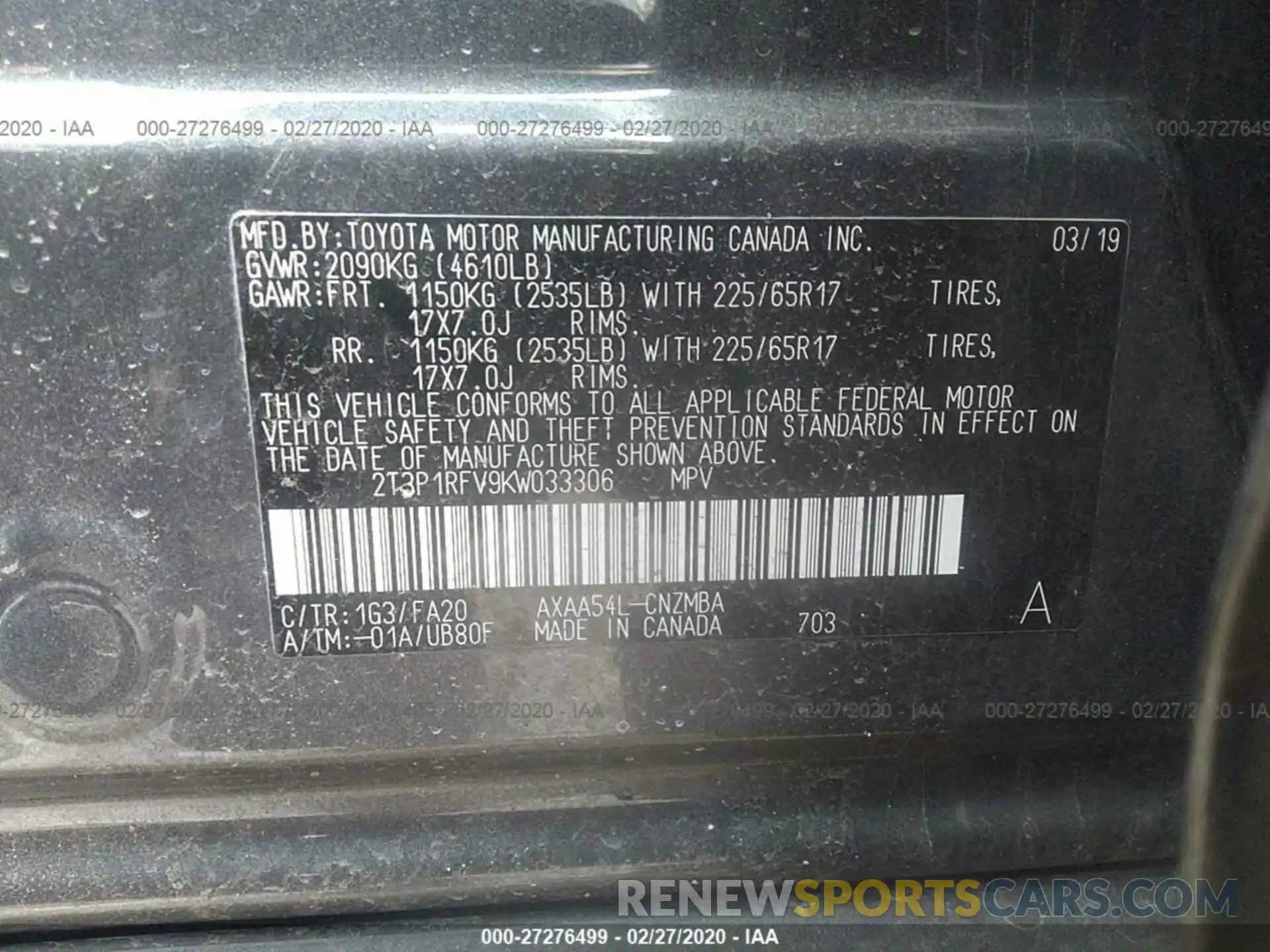 9 Фотография поврежденного автомобиля 2T3P1RFV9KW033306 TOYOTA RAV4 2019