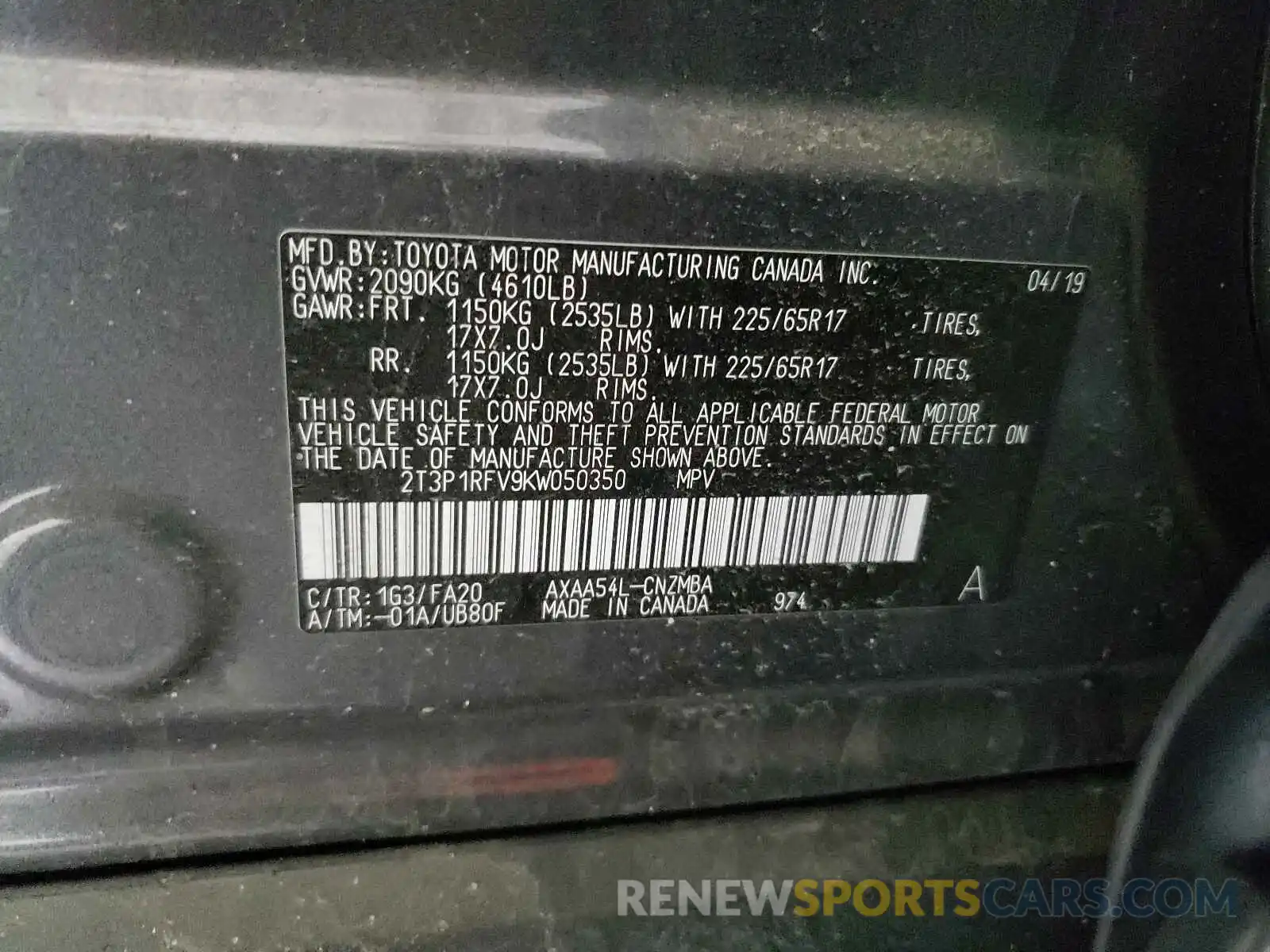 10 Photograph of a damaged car 2T3P1RFV9KW050350 TOYOTA RAV4 2019