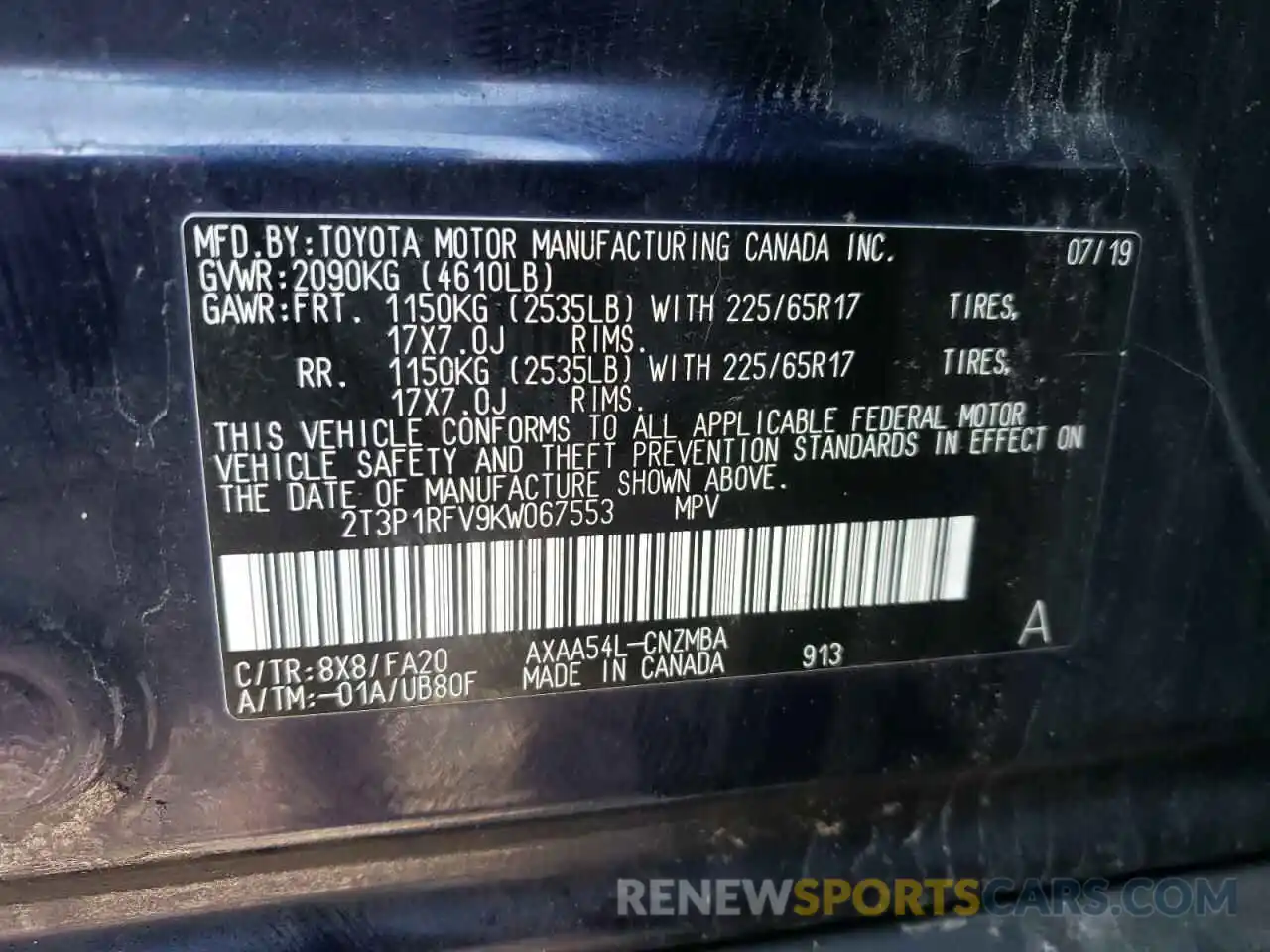 10 Фотография поврежденного автомобиля 2T3P1RFV9KW067553 TOYOTA RAV4 2019