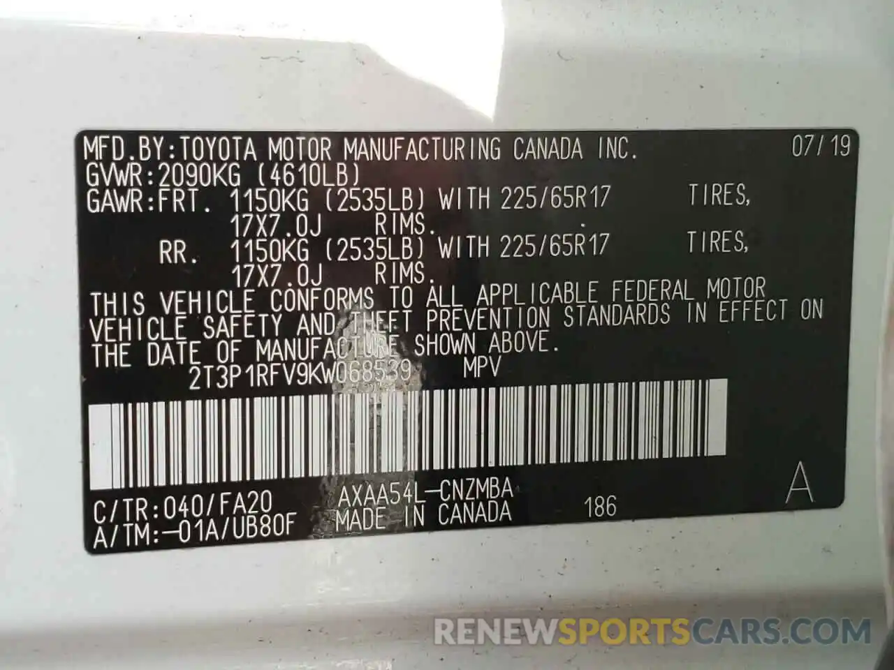 10 Photograph of a damaged car 2T3P1RFV9KW068539 TOYOTA RAV4 2019