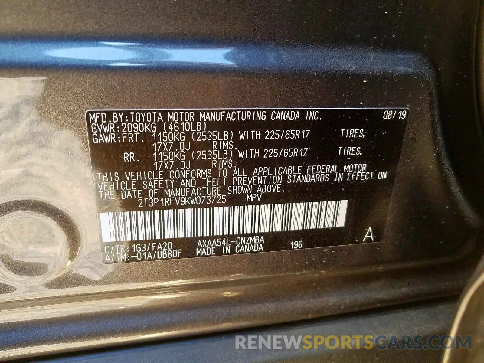 10 Photograph of a damaged car 2T3P1RFV9KW073725 TOYOTA RAV4 2019