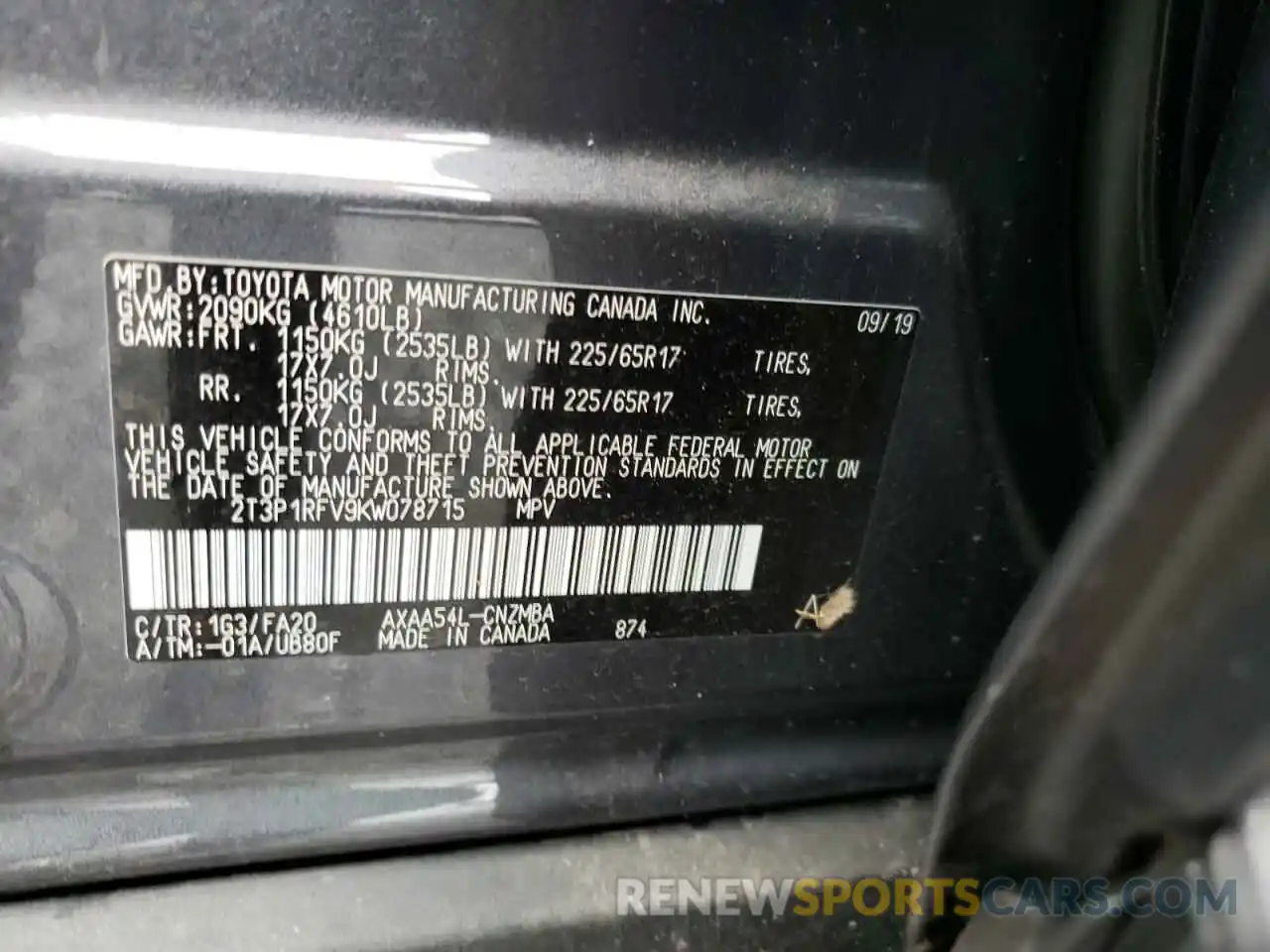 10 Photograph of a damaged car 2T3P1RFV9KW078715 TOYOTA RAV4 2019