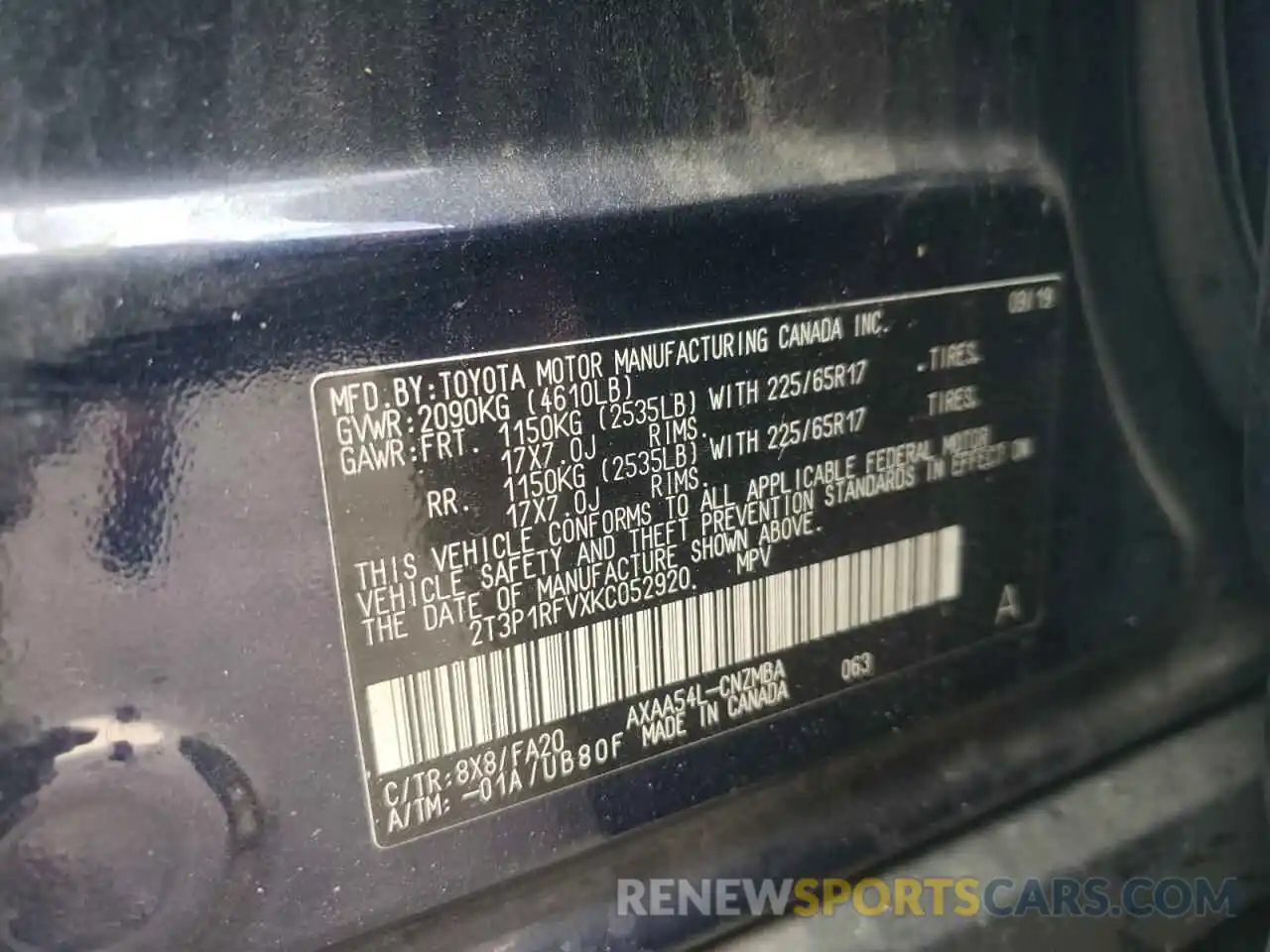 10 Photograph of a damaged car 2T3P1RFVXKC052920 TOYOTA RAV4 2019